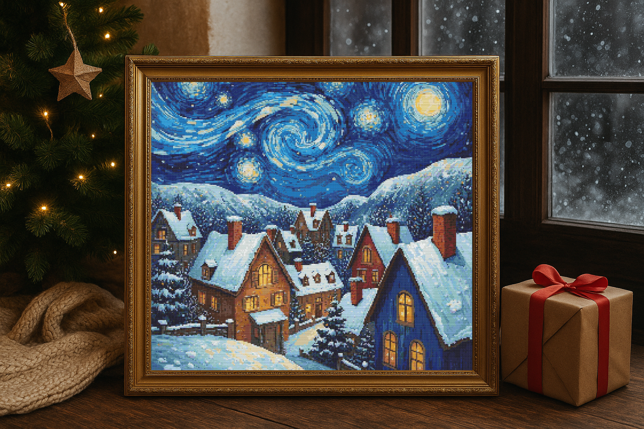 A Van Gogh Christmas | Cross-Stitch Pattern (PDF) | Starry Winter Village with Snow-Covered Cottages & Swirling Night Sky | 280 × 280 Stitches | DMC & Anchor Floss Key