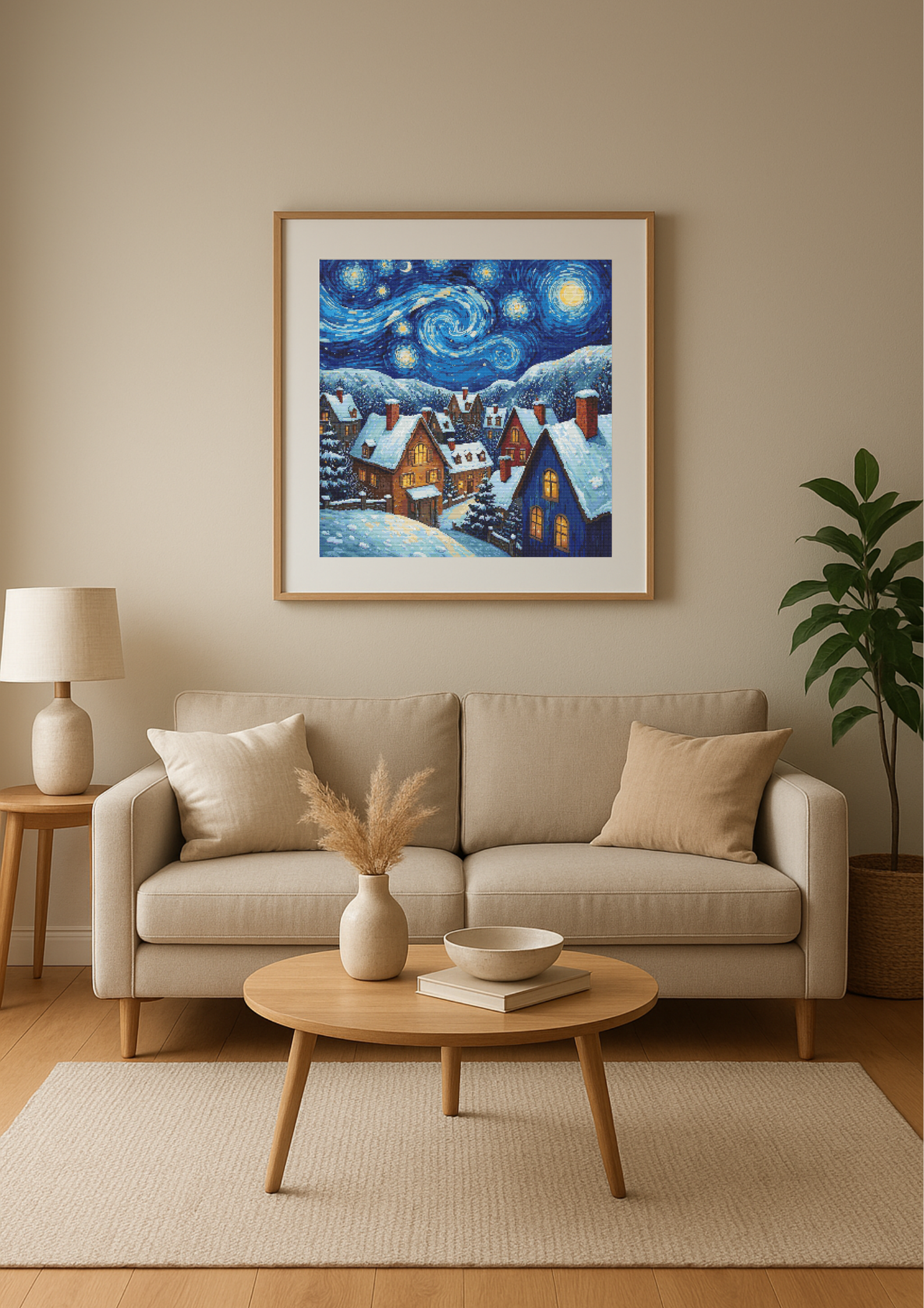 A Van Gogh Christmas | Cross-Stitch Pattern (PDF) | Starry Winter Village with Snow-Covered Cottages & Swirling Night Sky | 280 × 280 Stitches | DMC & Anchor Floss Key