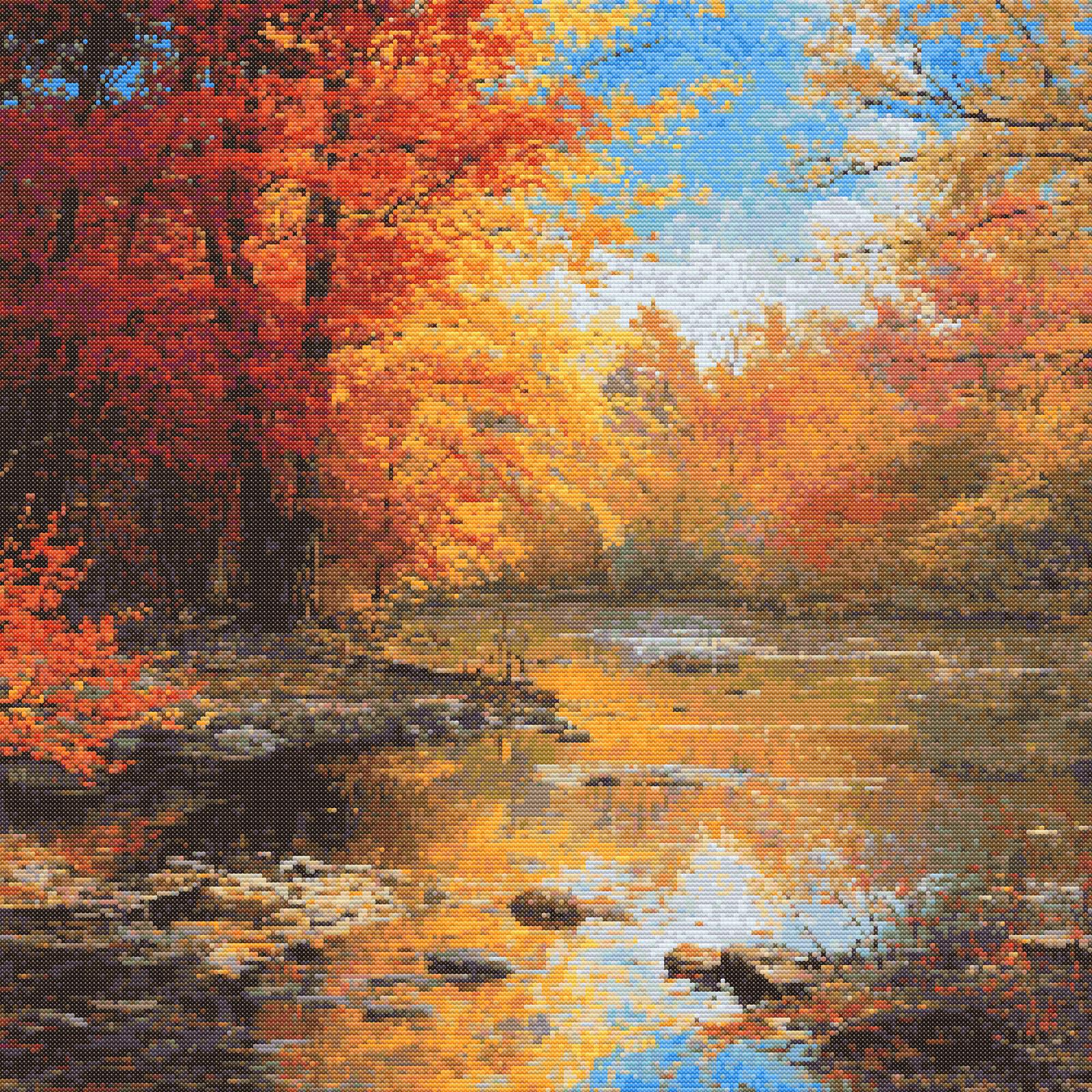 Autumn Whispers by the River | Cross-Stitch Pattern (PDF) | Tranquil Fall Landscape with Glowing Trees & Gentle Reflections | 250 × 250 Stitches | DMC & Anchor Floss Key