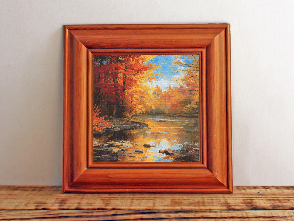 Autumn Whispers by the River | Cross-Stitch Pattern (PDF) | Tranquil Fall Landscape with Glowing Trees & Gentle Reflections | 250 × 250 Stitches | DMC & Anchor Floss Key