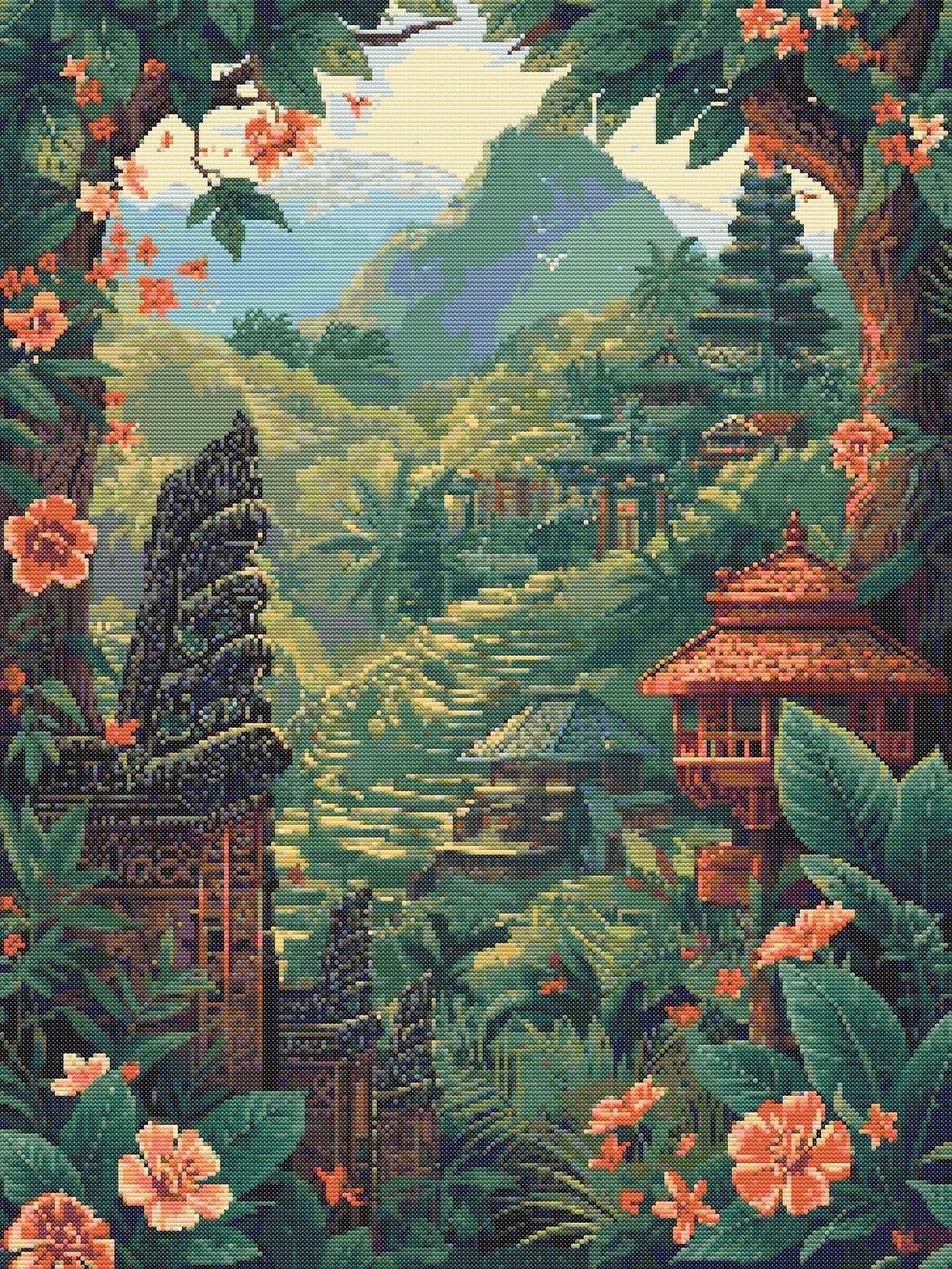 Bali Serenity | Cross-Stitch Pattern PDF | Tropical Landscape Embroidery | Temples & Rice Terraces | 225×300 Stitches | DMC & Anchor Floss Key | Landscapes of Bali Series (1/2)