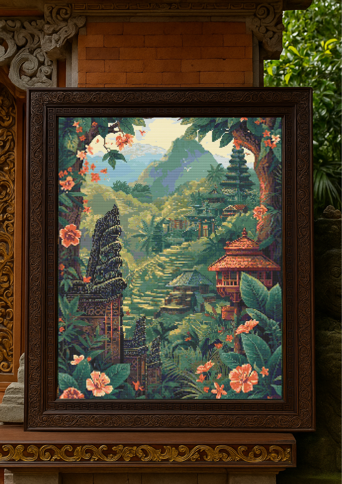 Bali Serenity | Cross-Stitch Pattern PDF | Tropical Landscape Embroidery | Temples & Rice Terraces | 225×300 Stitches | DMC & Anchor Floss Key | Landscapes of Bali Series (1/2)