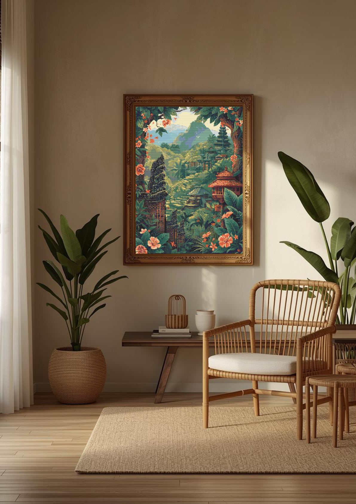 Bali Serenity | Cross-Stitch Pattern PDF | Tropical Landscape Embroidery | Temples & Rice Terraces | 225×300 Stitches | DMC & Anchor Floss Key | Landscapes of Bali Series (1/2)