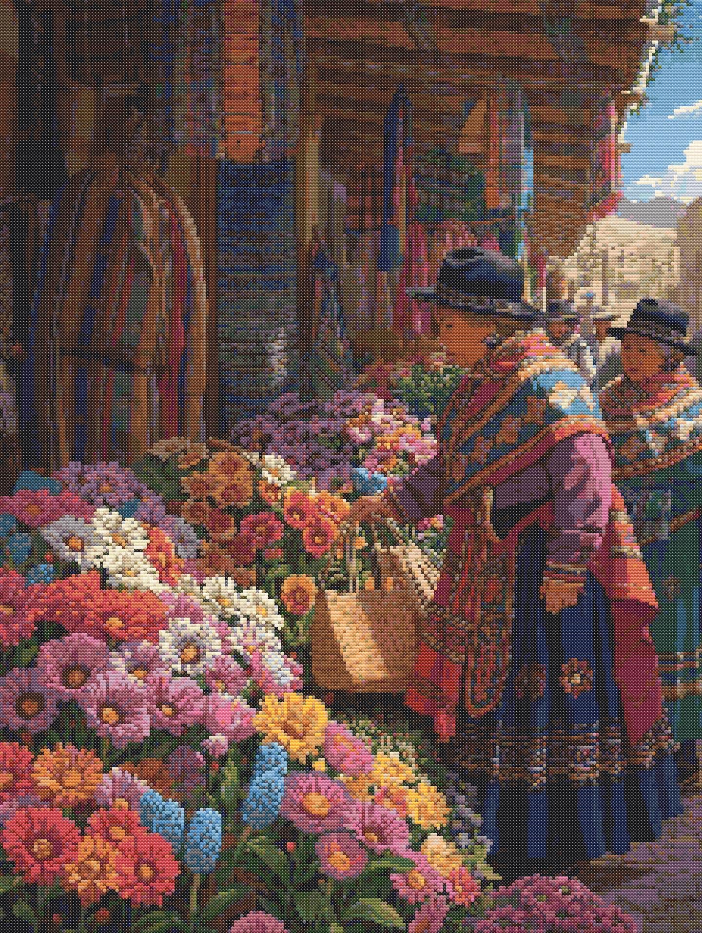 Bolivian Market Blooms | Cross-Stitch Pattern (PDF) | Andean Flower Market Scene (225 x 299 Stitches) | with DMC & Anchor Floss Key