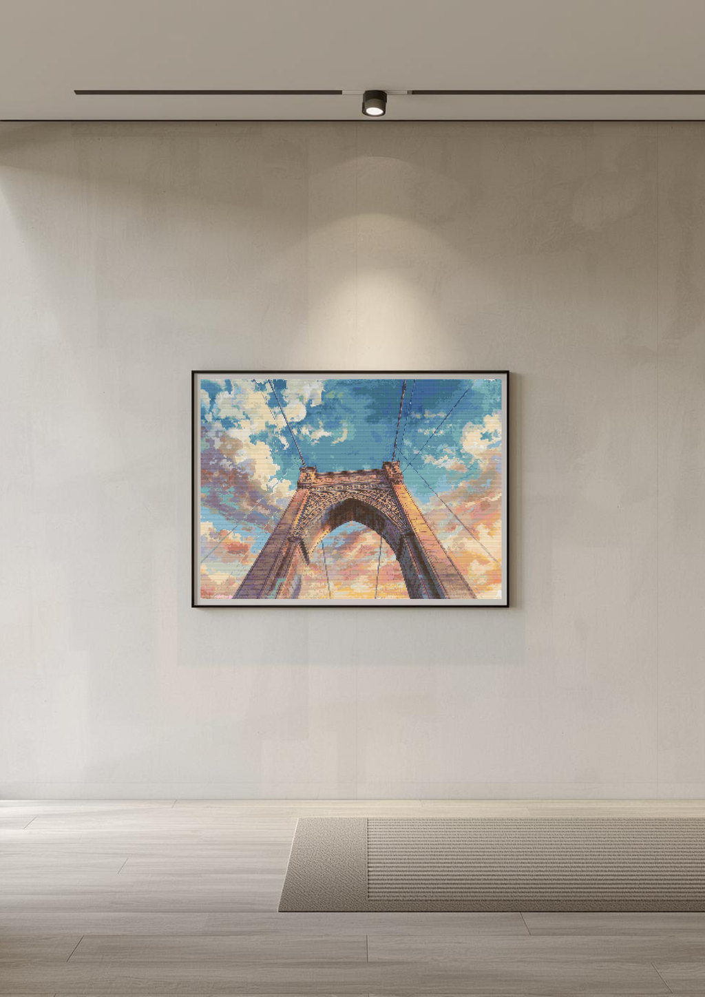 Brooklyn Bridge Skyward | Cross-Stitch Pattern PDF | Architectural Embroidery Art | New York Landmark | 299×225 Stitches | DMC & Anchor Floss | Bridges of the World Series