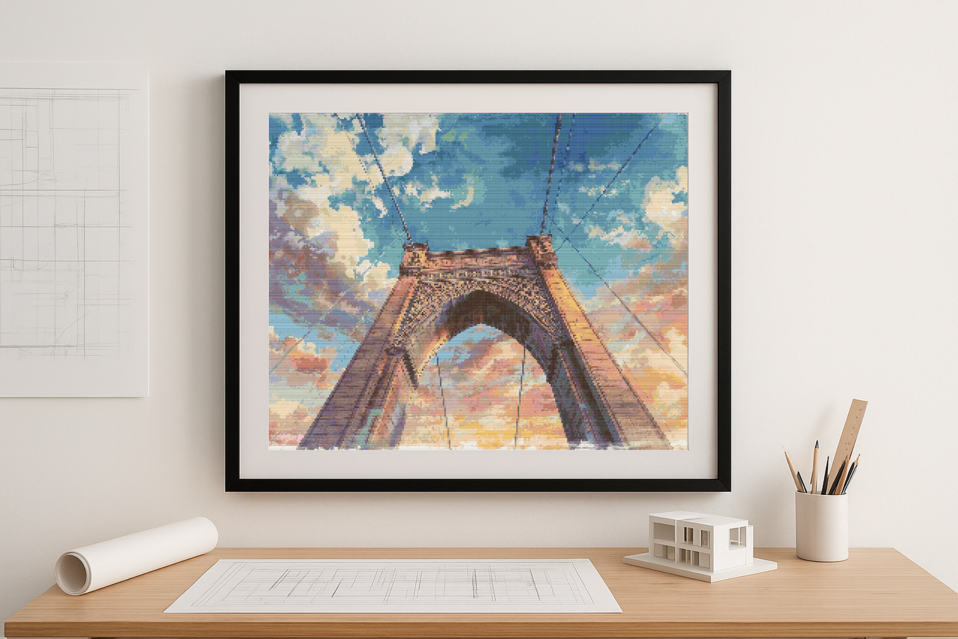 Brooklyn Bridge Skyward | Cross-Stitch Pattern PDF | Architectural Embroidery Art | New York Landmark | 299×225 Stitches | DMC & Anchor Floss | Bridges of the World Series