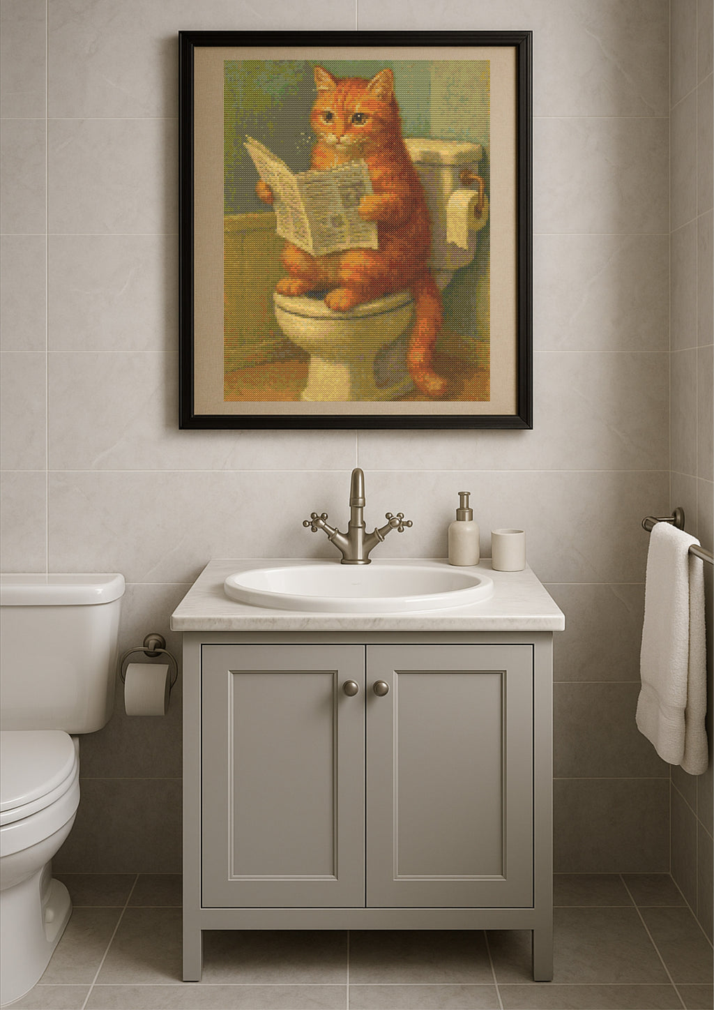 Paws for a Break – Funny Cat Bathroom Cross-Stitch Pattern | Whimsical Bathroom Décor | Artistic Embroidery Design for Cat Lovers (135 x 190 stitches) | DMC and ANCHOR conversion included