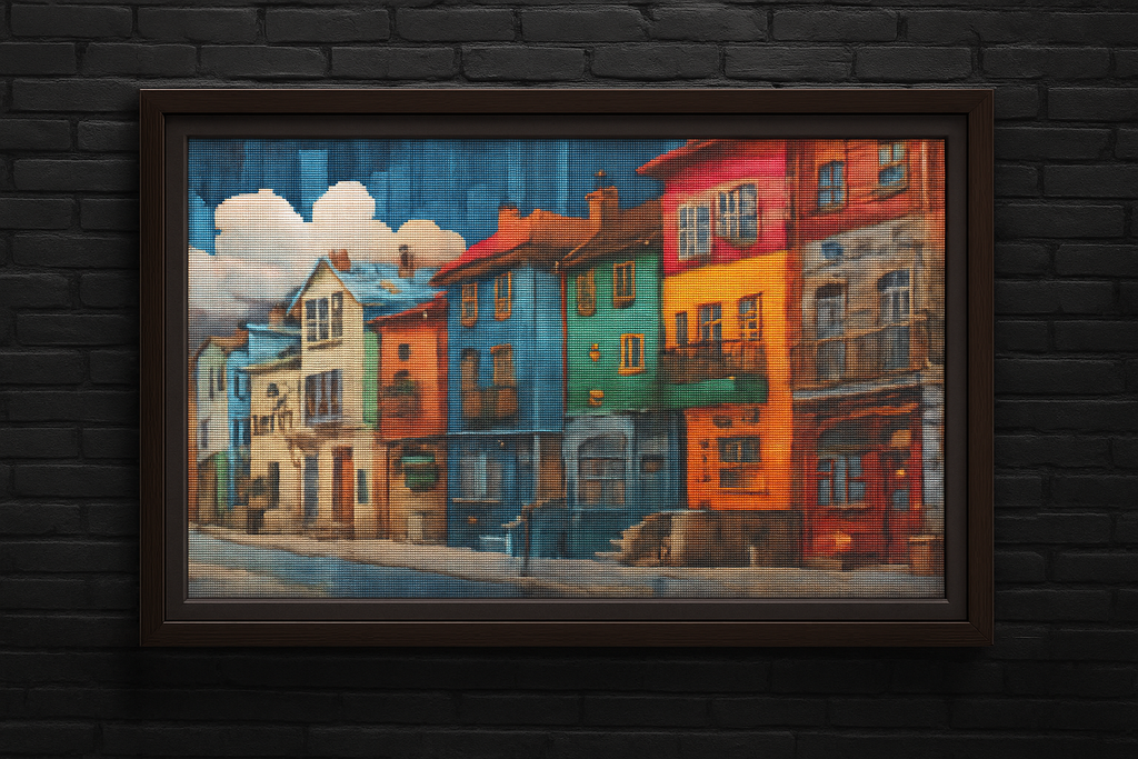 Colorful European Street Cross Stitch Pattern PDF | Modern Cityscape Embroidery Design | Urban Houses Needlepoint Wall Art | Instant Download DIY Stitch Gift | 300x170 Stitches