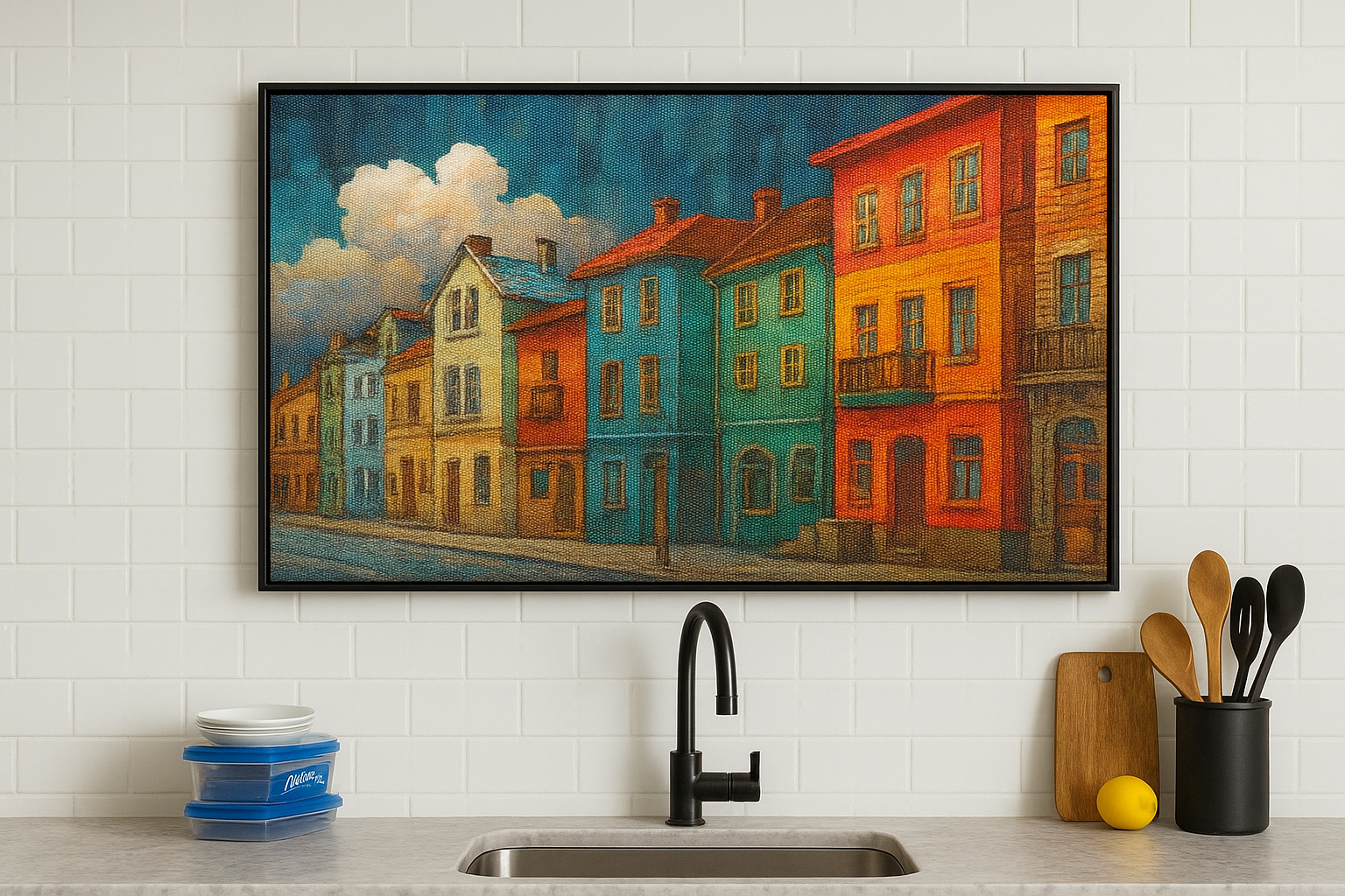 Colorful European Street Cross Stitch Pattern PDF | Modern Cityscape Embroidery Design | Urban Houses Needlepoint Wall Art | Instant Download DIY Stitch Gift | 300x170 Stitches