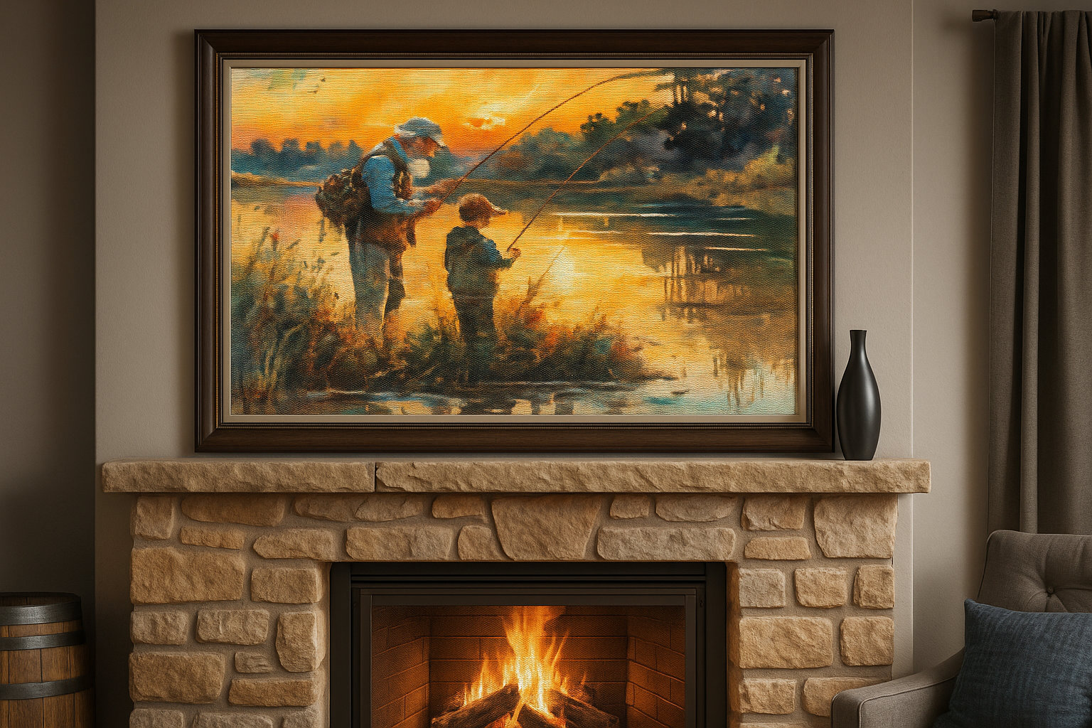 Grandfather & Grandson Fishing Cross Stitch Pattern | Sunset Lake | Rustic Cabin Decor | Gift for Dad or Grandpa | PDF Instant Download