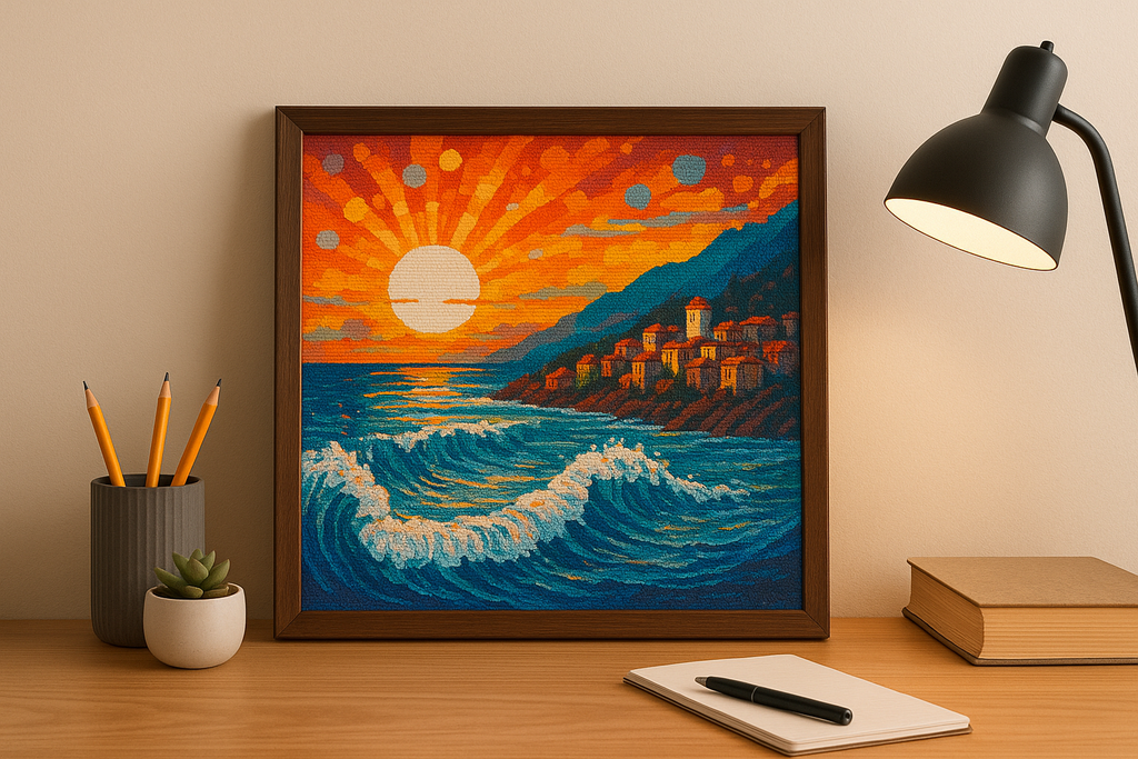 Coastal Sunset Cross Stitch Pattern PDF | Ocean Waves Embroidery Design | Seaside Landscape Needlepoint | Modern Mosaic Sea View | Digital Download