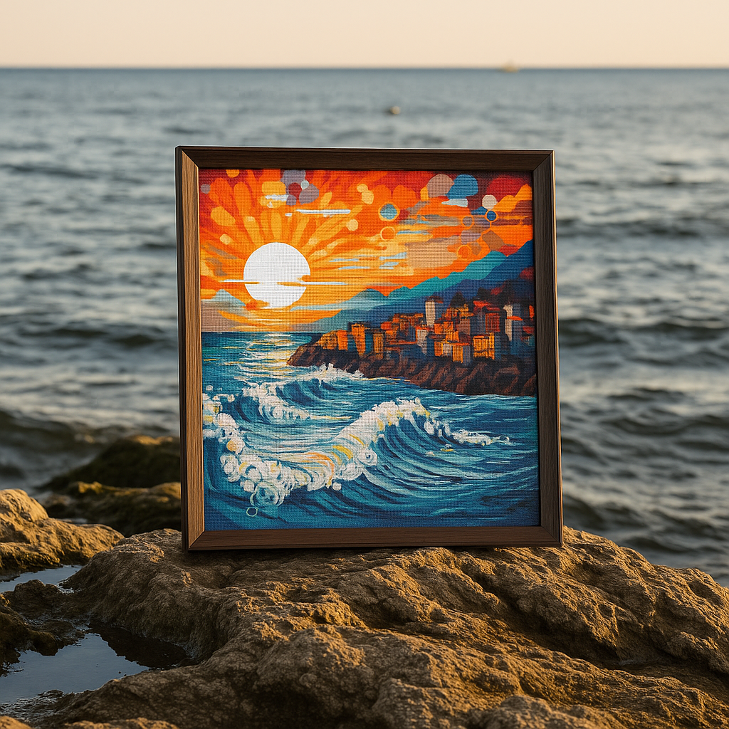 Coastal Sunset Cross Stitch Pattern PDF | Ocean Waves Embroidery Design | Seaside Landscape Needlepoint | Modern Mosaic Sea View | Digital Download