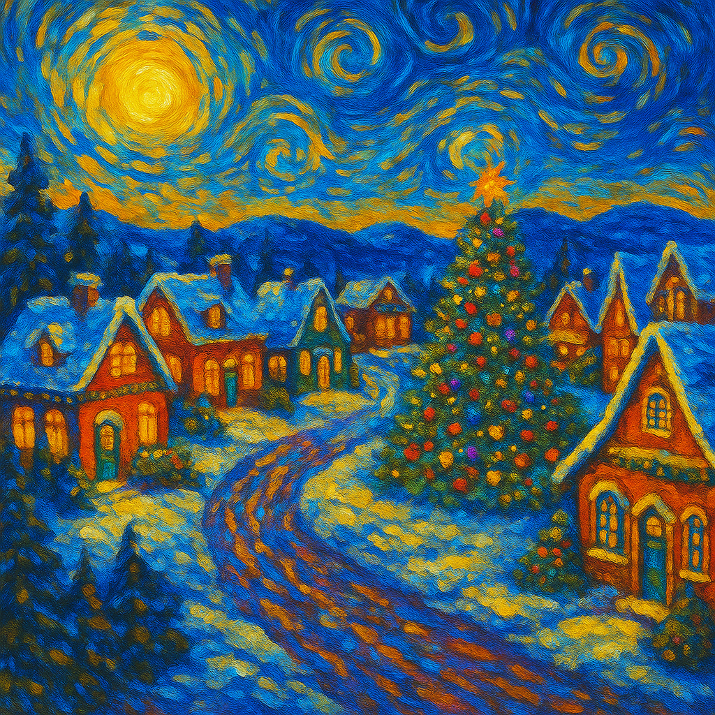 Starry Christmas Village – Van Gogh Style | Cross-Stitch Pattern (PDF) | Holiday Winter Night Embroidery Design (280 x 280 Stitches) | with DMC & Anchor Floss Key