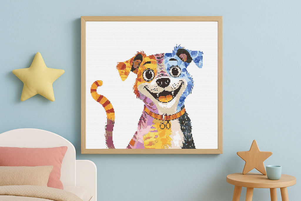 Colorjoy Puppy | Cross-Stitch Pattern PDF | 1/2 Whimsy Paws Pair| Pet Embroidery for Kids' Spaces | 175×175 Stitches | DMC & Anchor Floss Key