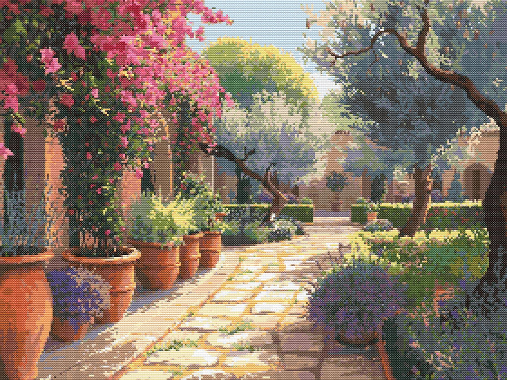 Courtyard of Blooming Tranquility | Cross-Stitch Pattern (PDF) | Sunlit Mediterranean Garden with Lavender, Olive Trees & Bougainvillea | 280 × 210 Stitches | DMC & Anchor Floss Key