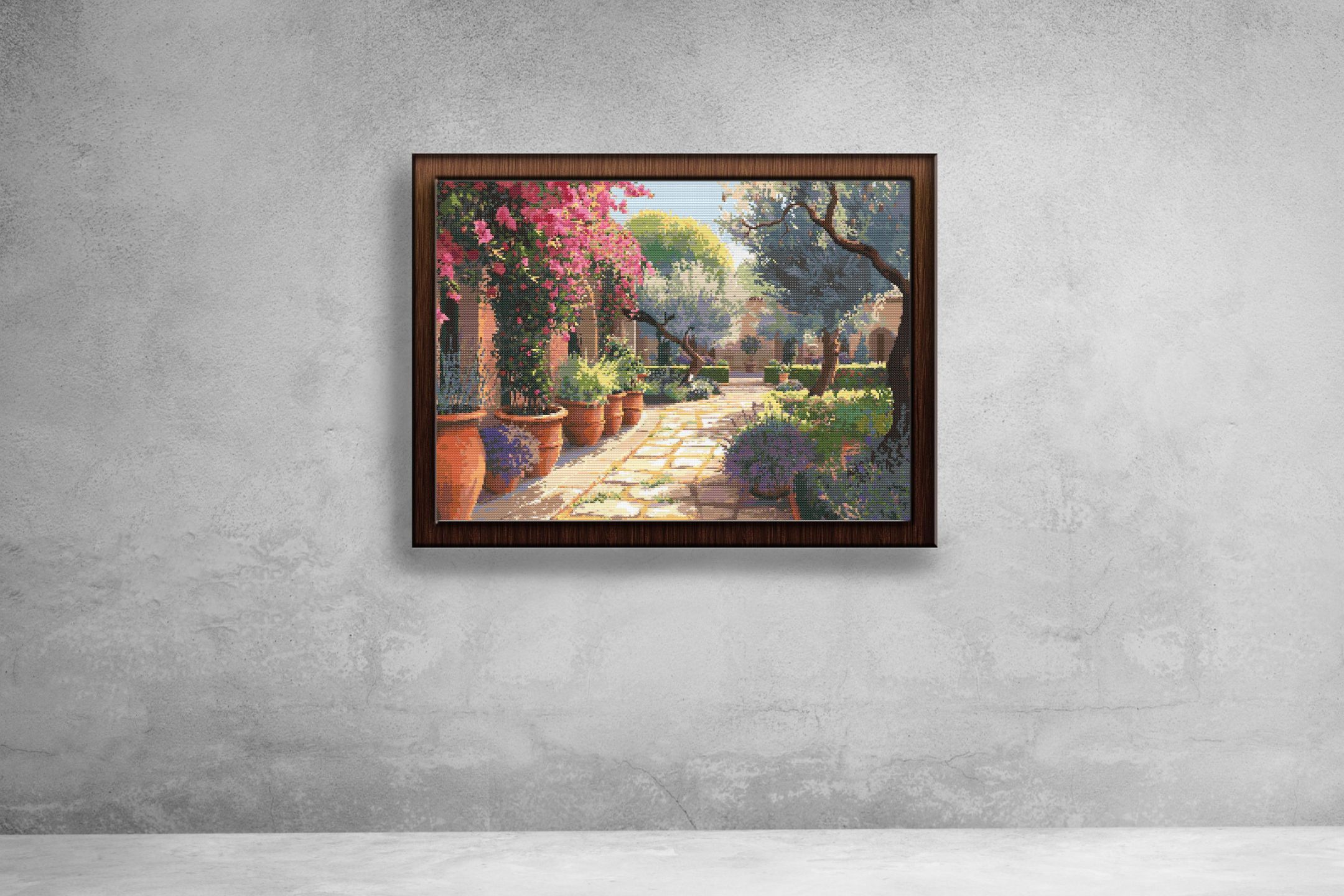 Courtyard of Blooming Tranquility | Cross-Stitch Pattern (PDF) | Sunlit Mediterranean Garden with Lavender, Olive Trees & Bougainvillea | 280 × 210 Stitches | DMC & Anchor Floss Key