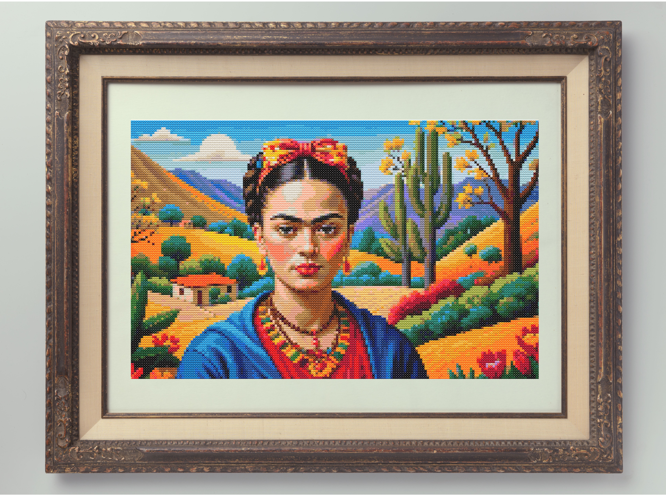 Frida Kahlo in Bloom – Colorful Mexican Portrait Cross-Stitch Pattern | Artistic Embroidery Design (200 x 114 Stitches) | DMC and ANCHOR conversion included