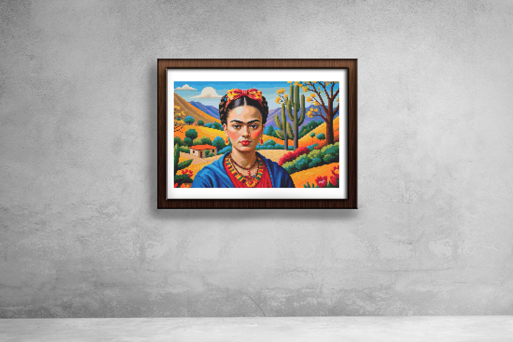 Frida Kahlo in Bloom – Colorful Mexican Portrait Cross-Stitch Pattern | Artistic Embroidery Design (200 x 114 Stitches) | DMC and ANCHOR conversion included