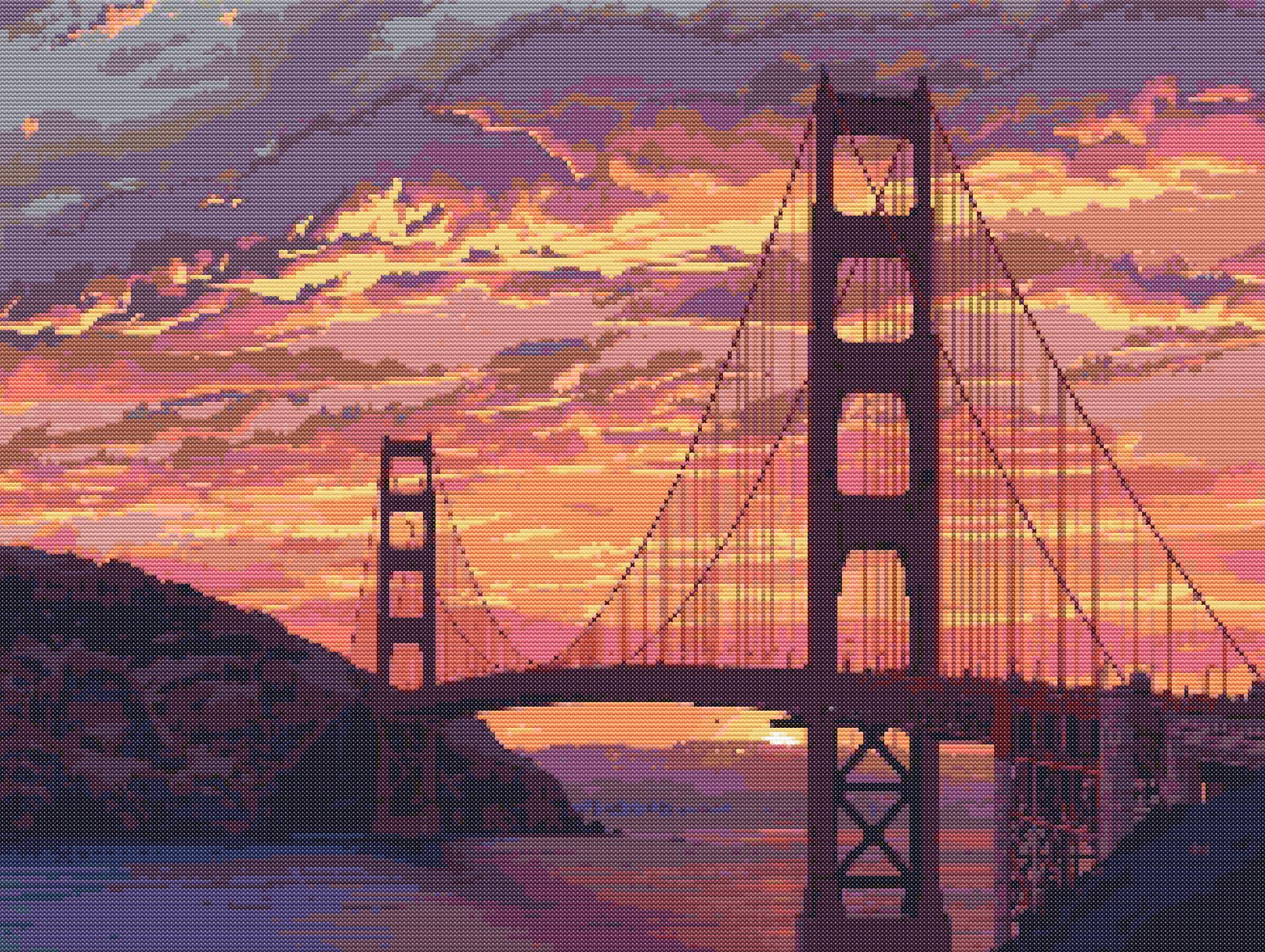 Golden Gate at Sunset | Cross-Stitch Pattern PDF | Iconic Bridge Embroidery Art | San Francisco Skyline | 299×225 Stitches | DMC & Anchor Floss | Bridges of the World Series