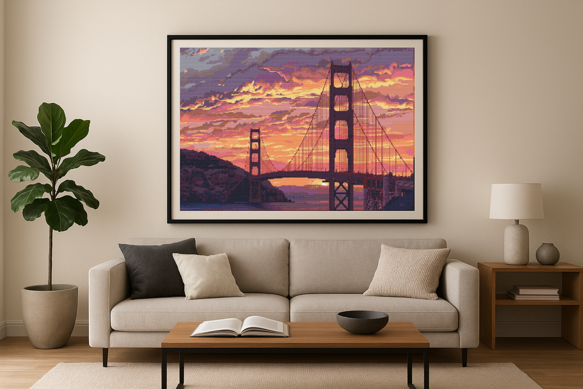 Golden Gate at Sunset | Cross-Stitch Pattern PDF | Iconic Bridge Embroidery Art | San Francisco Skyline | 299×225 Stitches | DMC & Anchor Floss | Bridges of the World Series