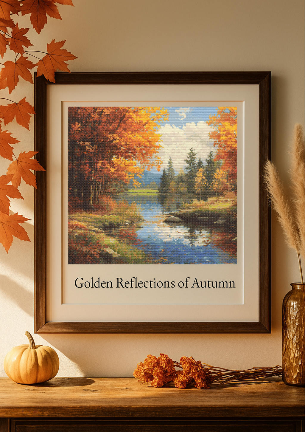Golden Reflections of Autumn | Cross-Stitch Pattern (PDF) | Serene Fall Landscape with Forest Lake & Fiery Foliage | 250 × 250 Stitches | DMC & Anchor Floss Key