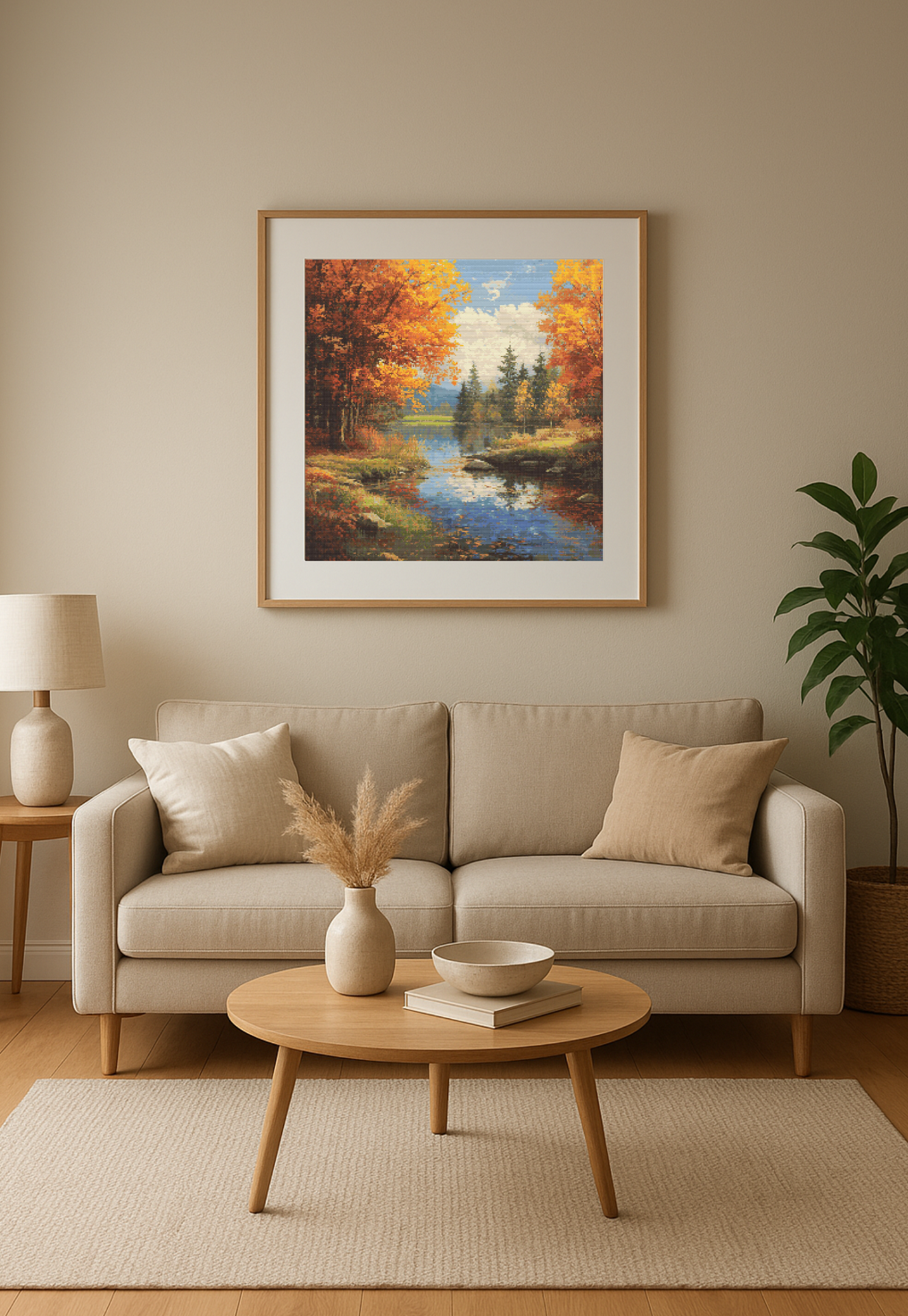 Golden Reflections of Autumn | Cross-Stitch Pattern (PDF) | Serene Fall Landscape with Forest Lake & Fiery Foliage | 250 × 250 Stitches | DMC & Anchor Floss Key