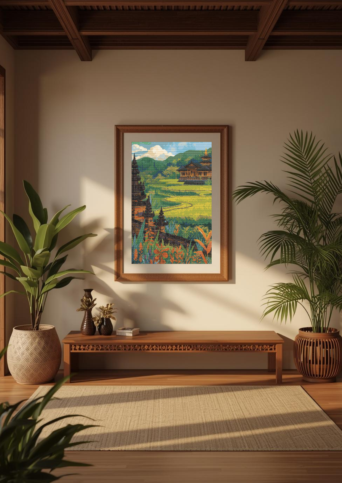 Golden Tranquility of Bali | Cross-Stitch Pattern PDF | Tropical Landscape Embroidery | Temple & Rice Fields | 225×300 Stitches | DMC & Anchor Floss Key | Landscapes of Bali Series (2/2)