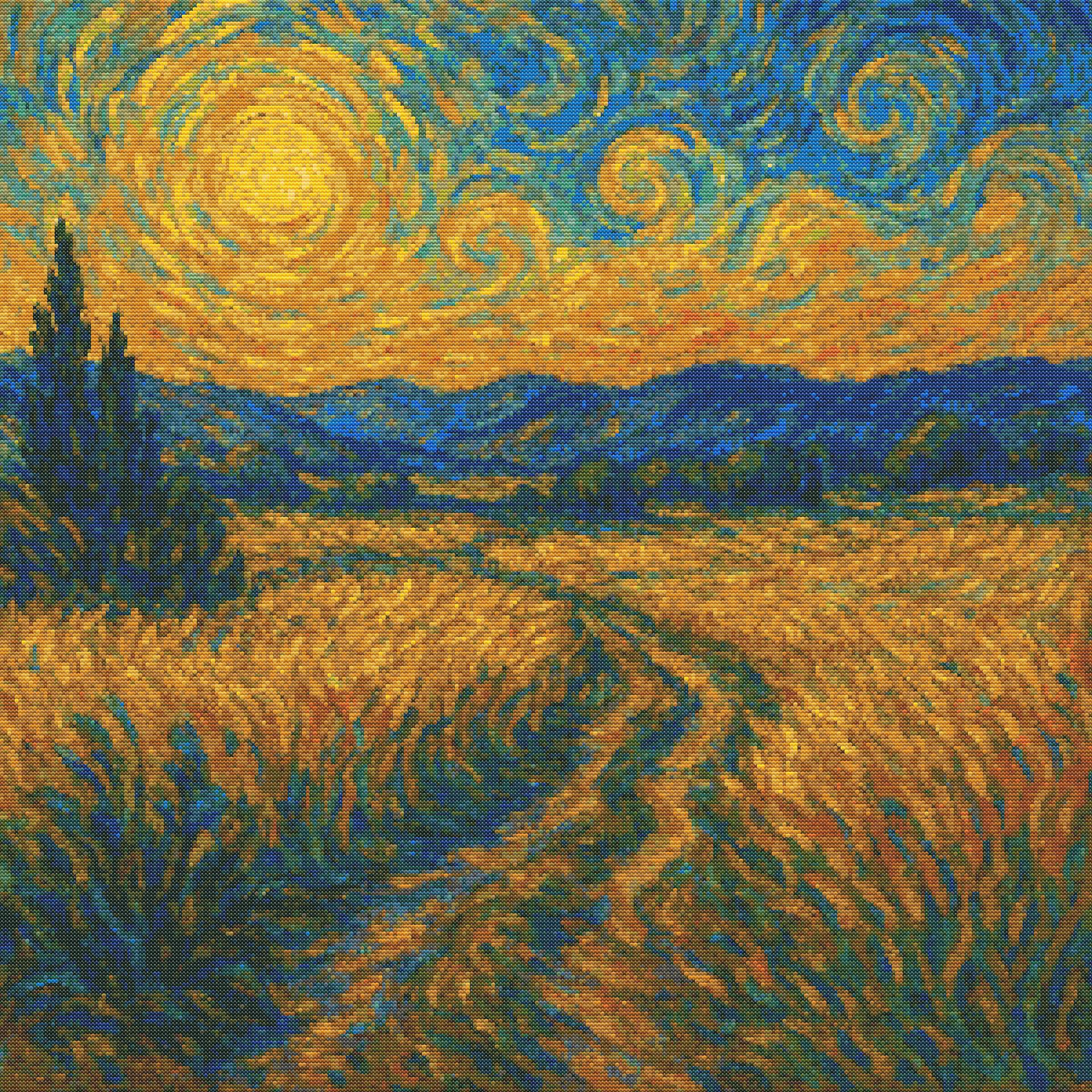 Golden Whirlwinds | Cross-Stitch Pattern (PDF) | Van Gogh-Inspired Wheatfield Scene (300 x 300 Stitches) | with DMC & Anchor Floss Key