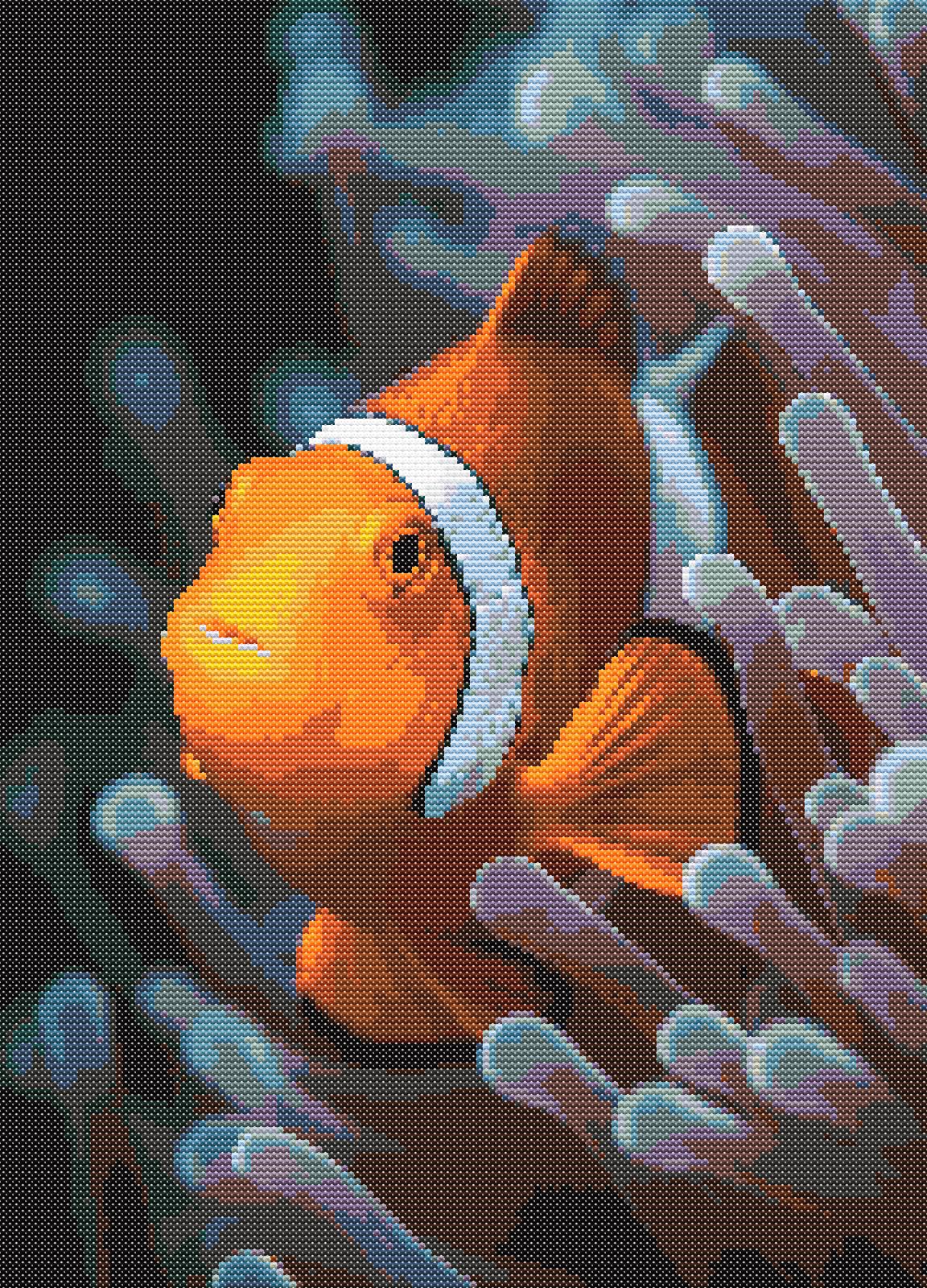 Grace of the Clownfish | Cross-Stitch Pattern (PDF) | Vibrant Coral Reef Scene (144 x 200 Stitches) | with DMC & Anchor Floss Key