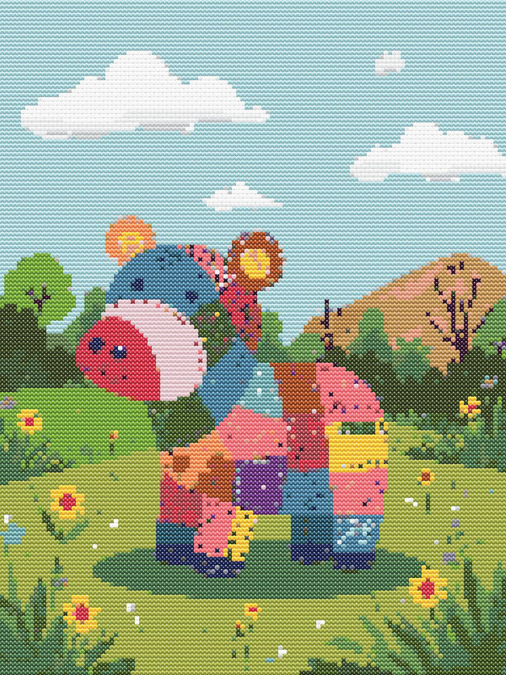 Happy Patchwork Hippo | Cross-Stitch Pattern PDF | Cute Nursery Animal Embroidery | Patchwork Pals Series | 120×160 Stitches | DMC & Anchor Floss Key