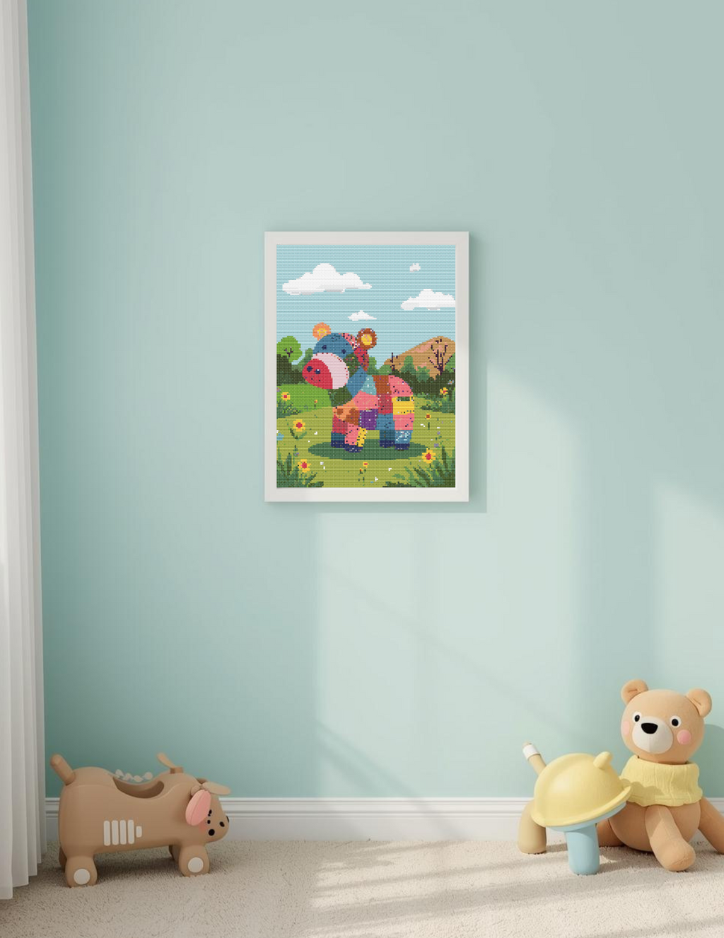 Happy Patchwork Hippo | Cross-Stitch Pattern PDF | Cute Nursery Animal Embroidery | Patchwork Pals Series | 120×160 Stitches | DMC & Anchor Floss Key