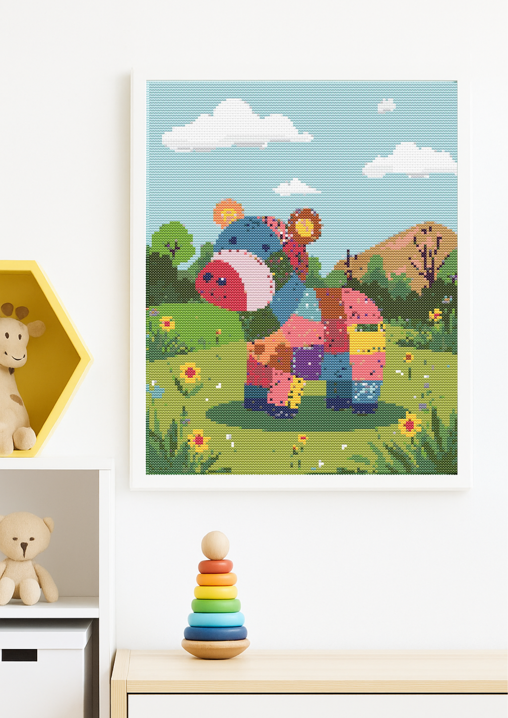 Happy Patchwork Hippo | Cross-Stitch Pattern PDF | Cute Nursery Animal Embroidery | Patchwork Pals Series | 120×160 Stitches | DMC & Anchor Floss Key