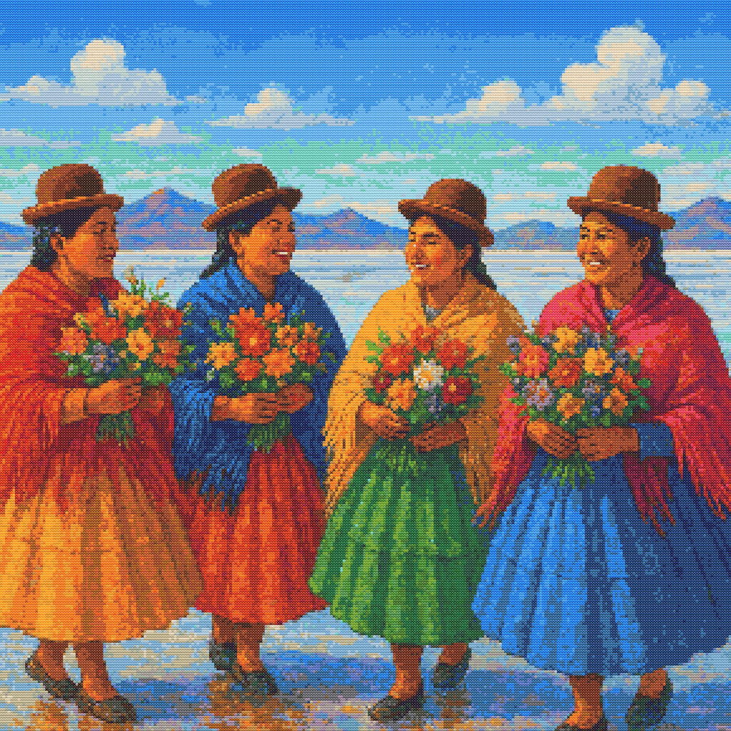 Joy of the Altiplano | Cross-Stitch Pattern (PDF) | Aymara Women with Flowers on the Bolivian Salt Flats (290 × 290 Stitches) | with DMC & Anchor Floss Key
