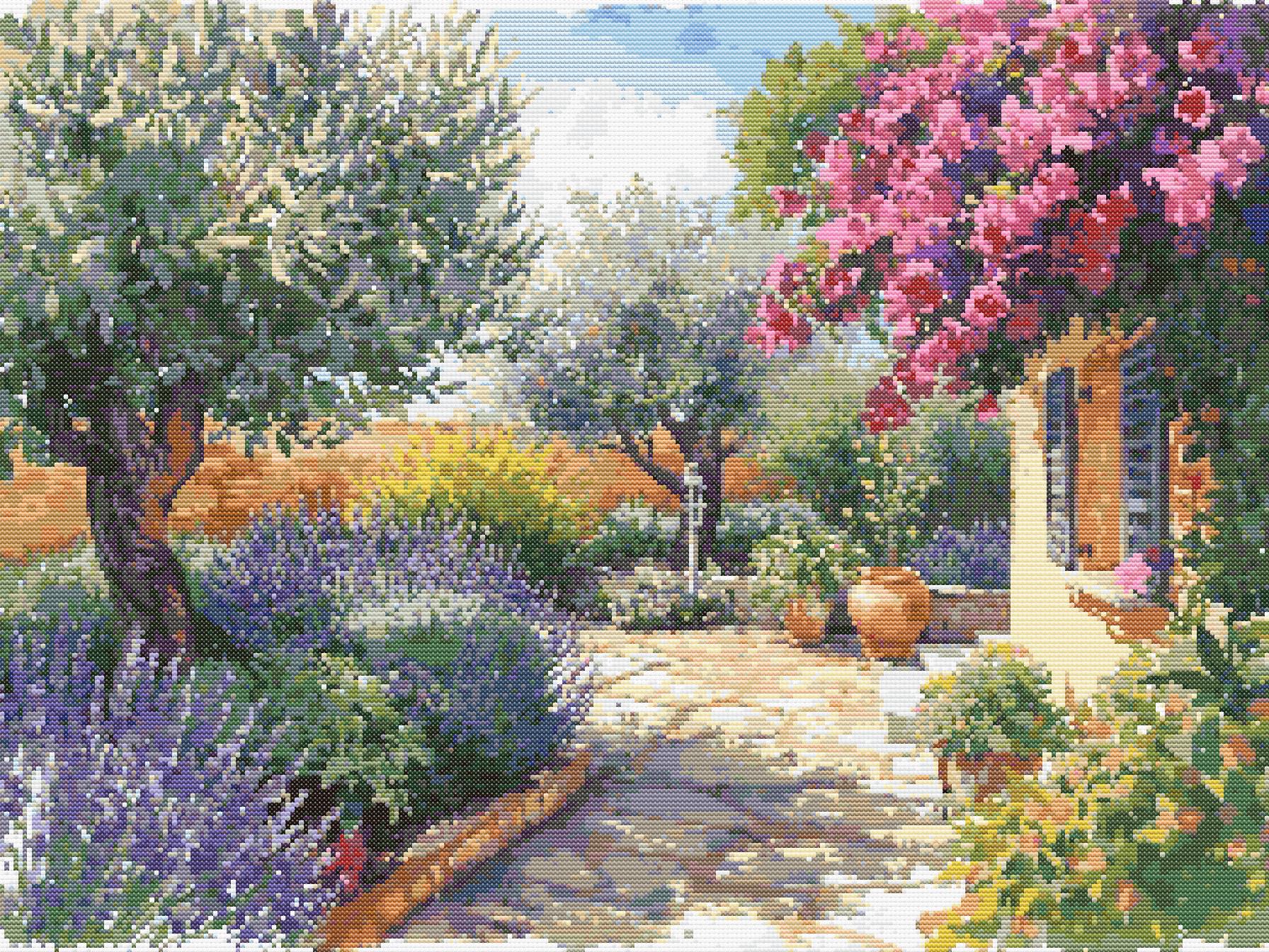 Mediterranean Garden Bliss | Cross-Stitch Pattern (PDF) | Sunlit Villa Courtyard with Lavender, Olive Trees & Bougainvillea | 280 × 210 Stitches | DMC & Anchor Floss Key