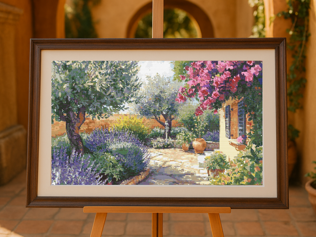 Mediterranean Garden Bliss | Cross-Stitch Pattern (PDF) | Sunlit Villa Courtyard with Lavender, Olive Trees & Bougainvillea | 280 × 210 Stitches | DMC & Anchor Floss Key