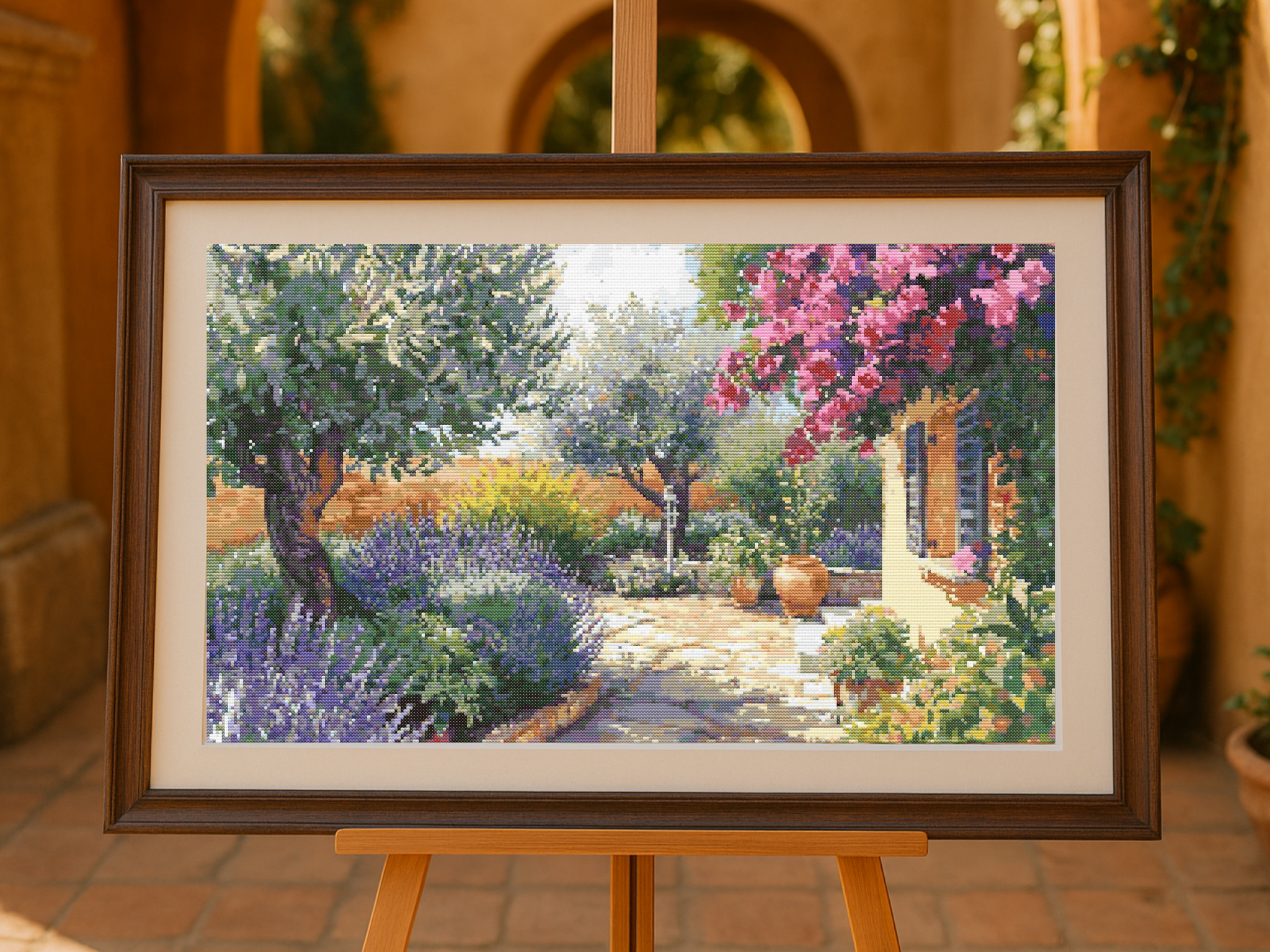 Mediterranean Garden Bliss | Cross-Stitch Pattern (PDF) | Sunlit Villa Courtyard with Lavender, Olive Trees & Bougainvillea | 280 × 210 Stitches | DMC & Anchor Floss Key