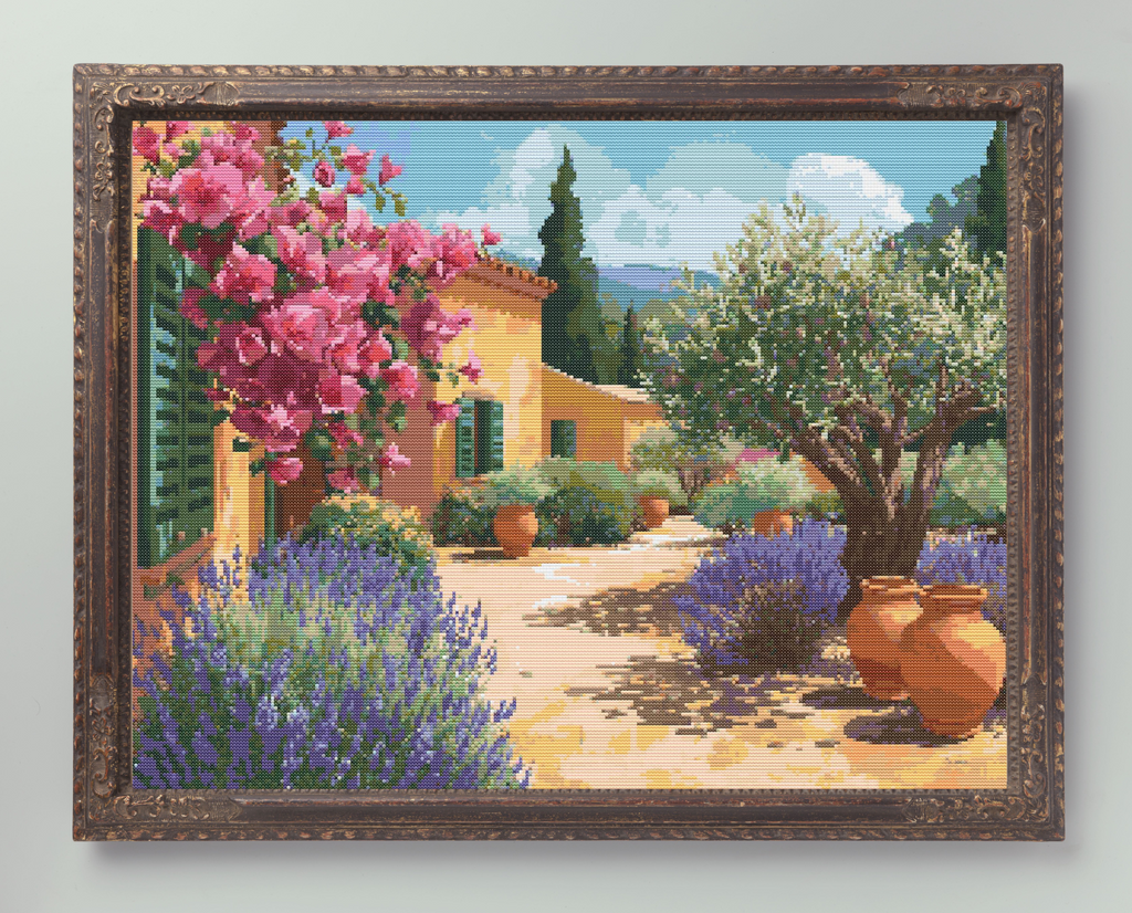 Mediterranean Garden Escape | Cross-Stitch Pattern (PDF) | Sunlit Courtyard with Lavender, Olive Tree & Bougainvillea | 280 × 210 Stitches | DMC & Anchor Floss Key