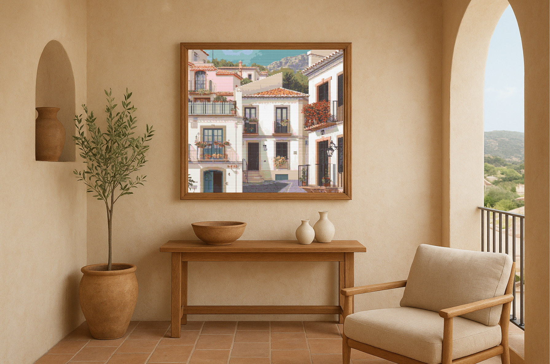 Mediterranean Harmony | Cross-Stitch Pattern (PDF) | Sunlit Village Scene – Inspired by the Charm of Altea (280 × 210 Stitches) | with DMC & Anchor Floss Key