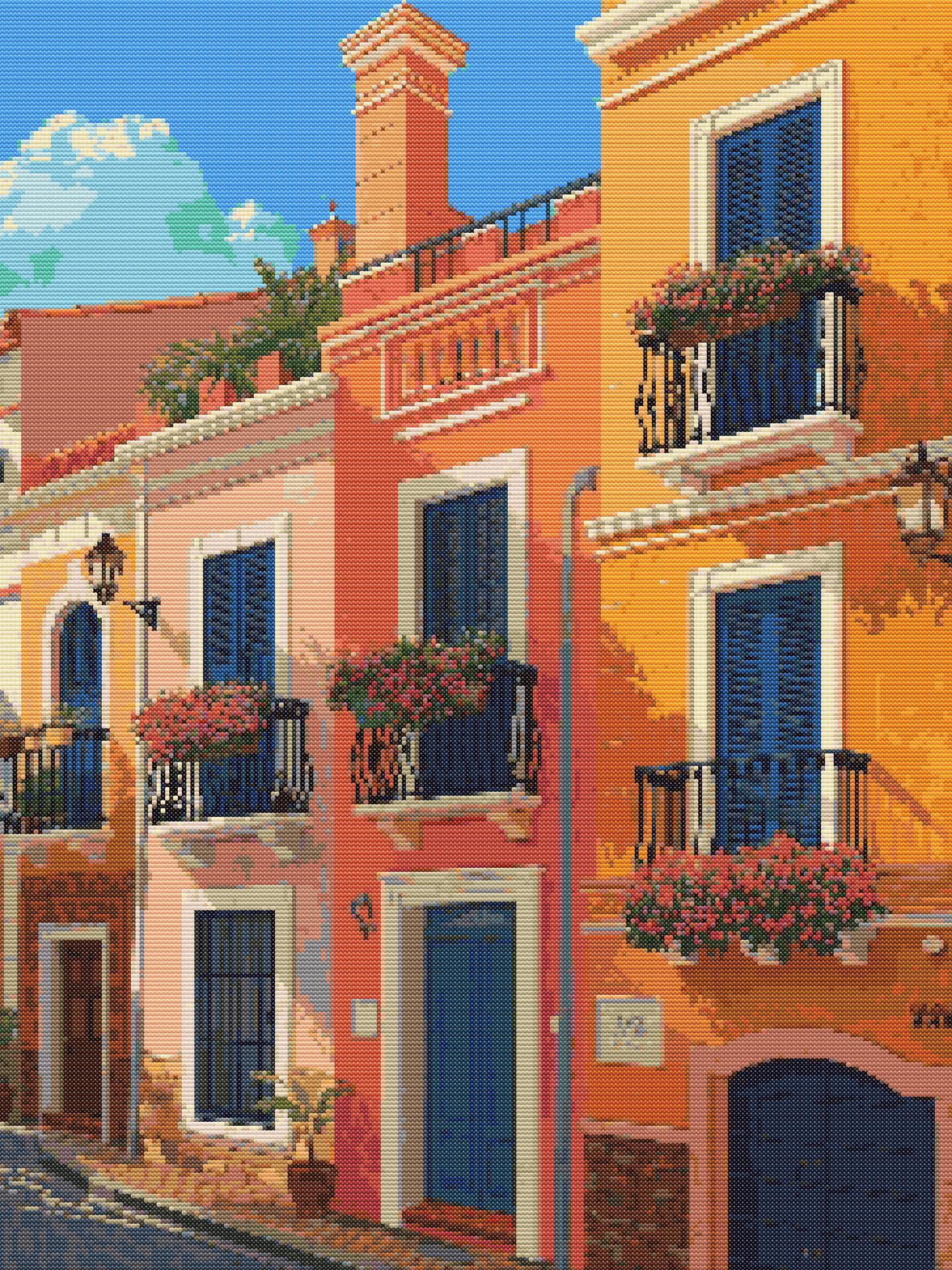 Mediterranean Street Charm | Cross-Stitch Pattern (PDF) | Sunlit Coastal Lane Scene – Inspired by the Spirit of the Mediterranean (225 × 300 Stitches) | with DMC & Anchor Floss Key