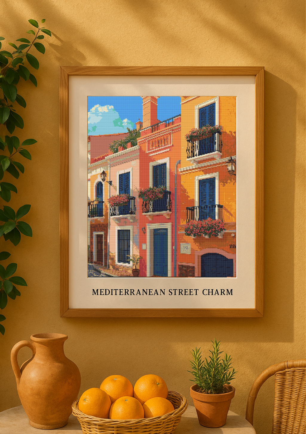 Mediterranean Street Charm | Cross-Stitch Pattern (PDF) | Sunlit Coastal Lane Scene – Inspired by the Spirit of the Mediterranean (225 × 300 Stitches) | with DMC & Anchor Floss Key
