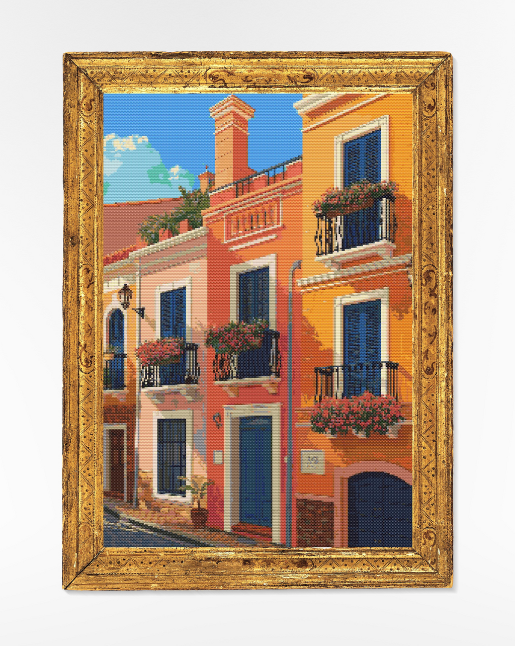 Mediterranean Street Charm | Cross-Stitch Pattern (PDF) | Sunlit Coastal Lane Scene – Inspired by the Spirit of the Mediterranean (225 × 300 Stitches) | with DMC & Anchor Floss Key