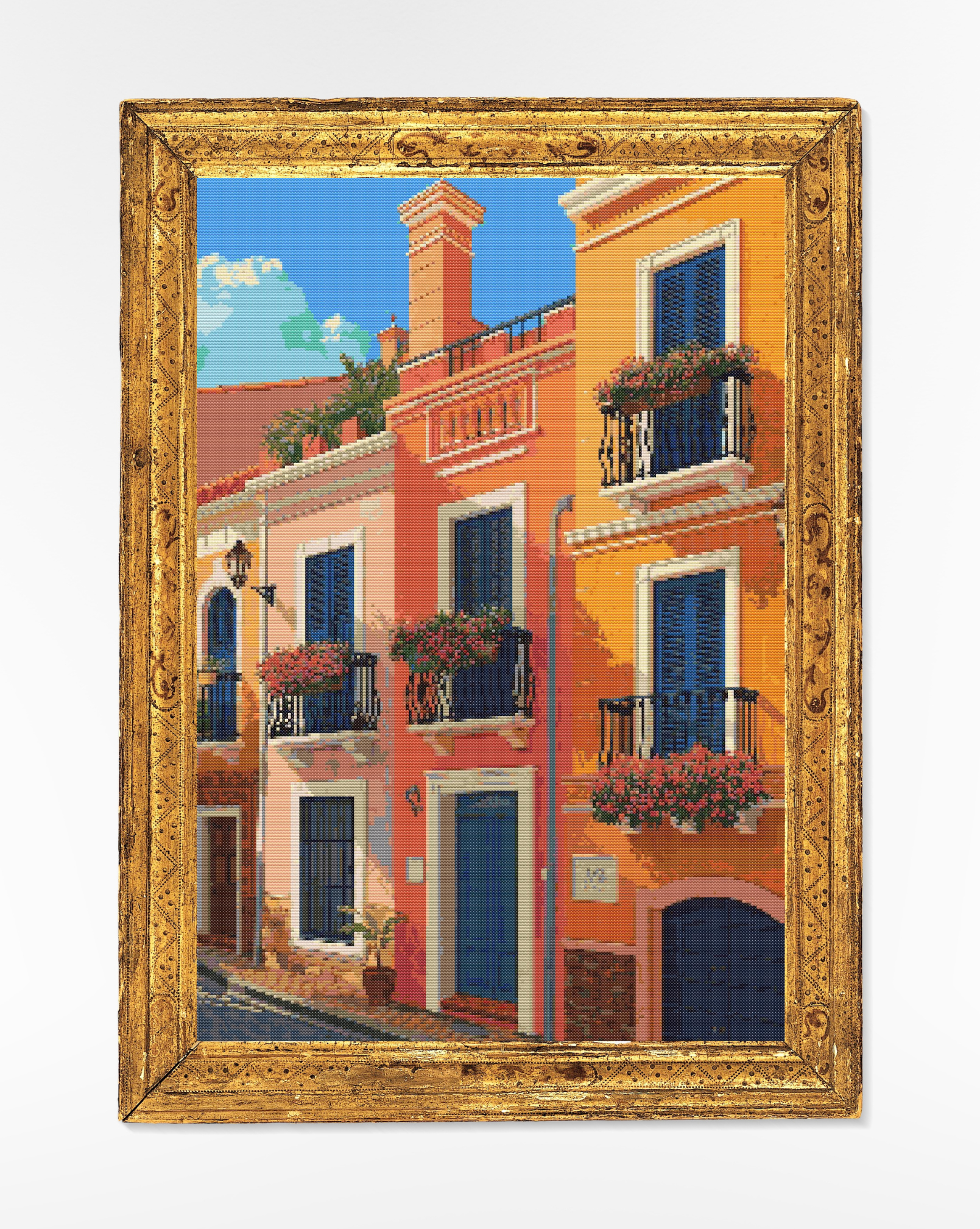 Mediterranean Street Charm | Cross-Stitch Pattern (PDF) | Sunlit Coastal Lane Scene – Inspired by the Spirit of the Mediterranean (225 × 300 Stitches) | with DMC & Anchor Floss Key