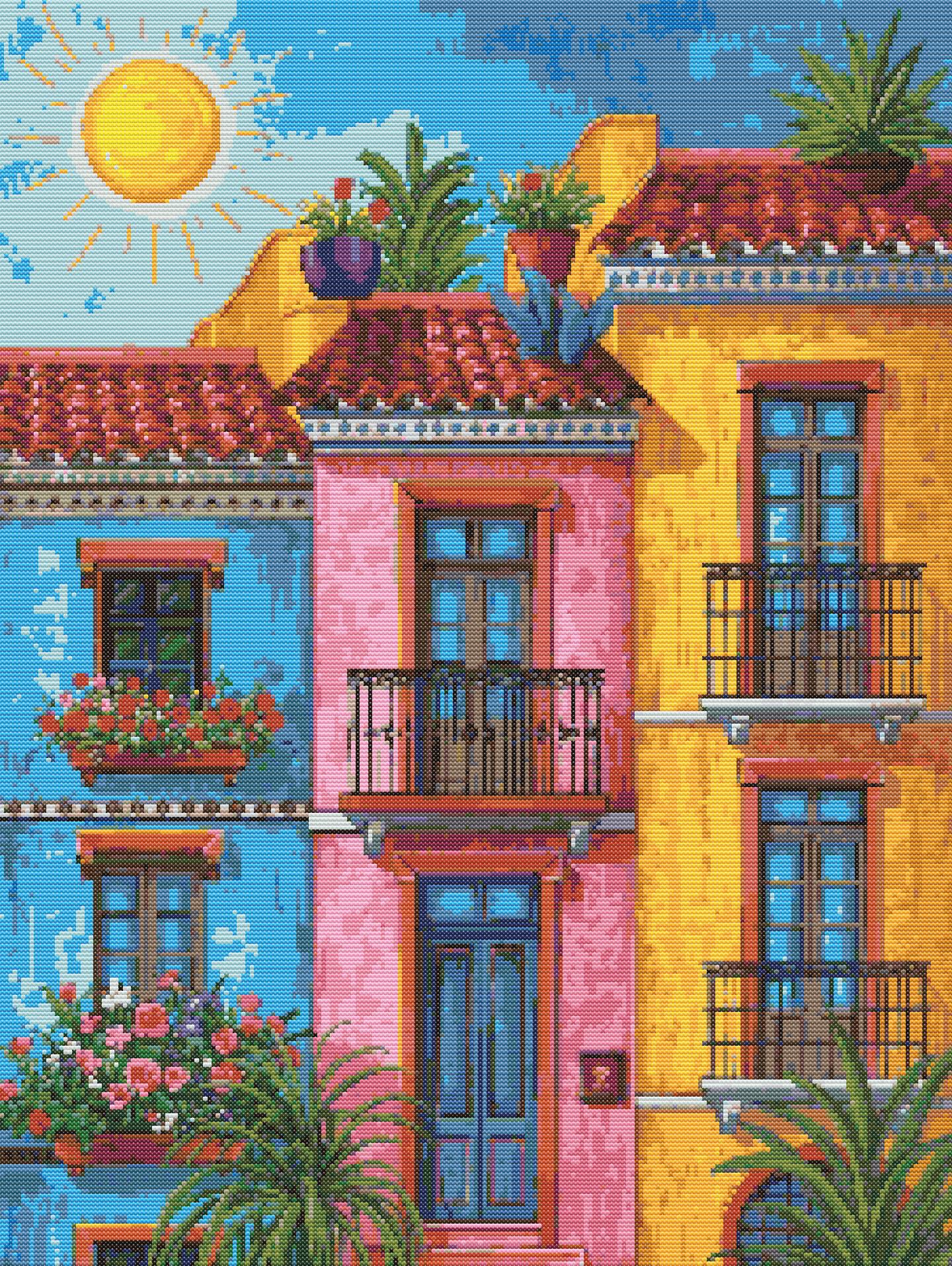 Mediterranean Sunlight | Cross-Stitch Pattern (PDF) | Colorful Mediterranean Village Scene (225 x 299 Stitches) | with DMC & Anchor Floss Key
