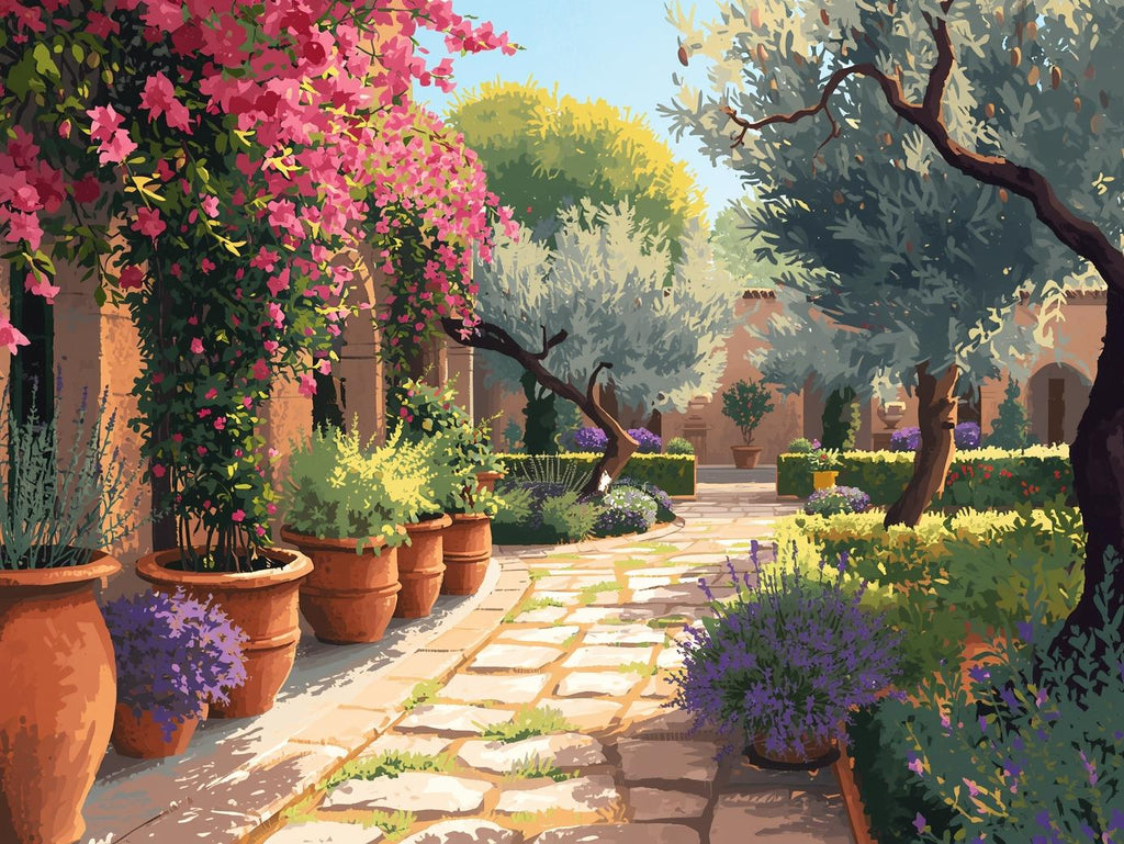 Courtyard of Blooming Tranquility | Cross-Stitch Pattern (PDF) | Sunlit Mediterranean Garden with Lavender, Olive Trees & Bougainvillea | 280 × 210 Stitches | DMC & Anchor Floss Key