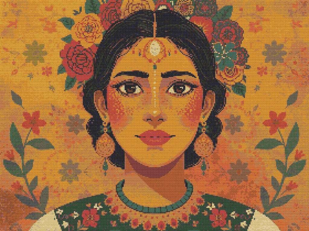 Mexican Blossom | Cross-Stitch Pattern (PDF) | Vibrant Portrait of Mexican Beauty with Floral Elegance – Inspired by the Colors & Culture of Mexico (280 × 210 Stitches) | with DMC & Anchor Floss Key