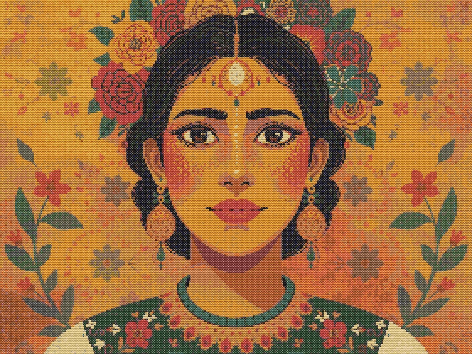 Mexican Blossom | Cross-Stitch Pattern (PDF) | Vibrant Portrait of Mexican Beauty with Floral Elegance – Inspired by the Colors & Culture of Mexico (280 × 210 Stitches) | with DMC & Anchor Floss Key