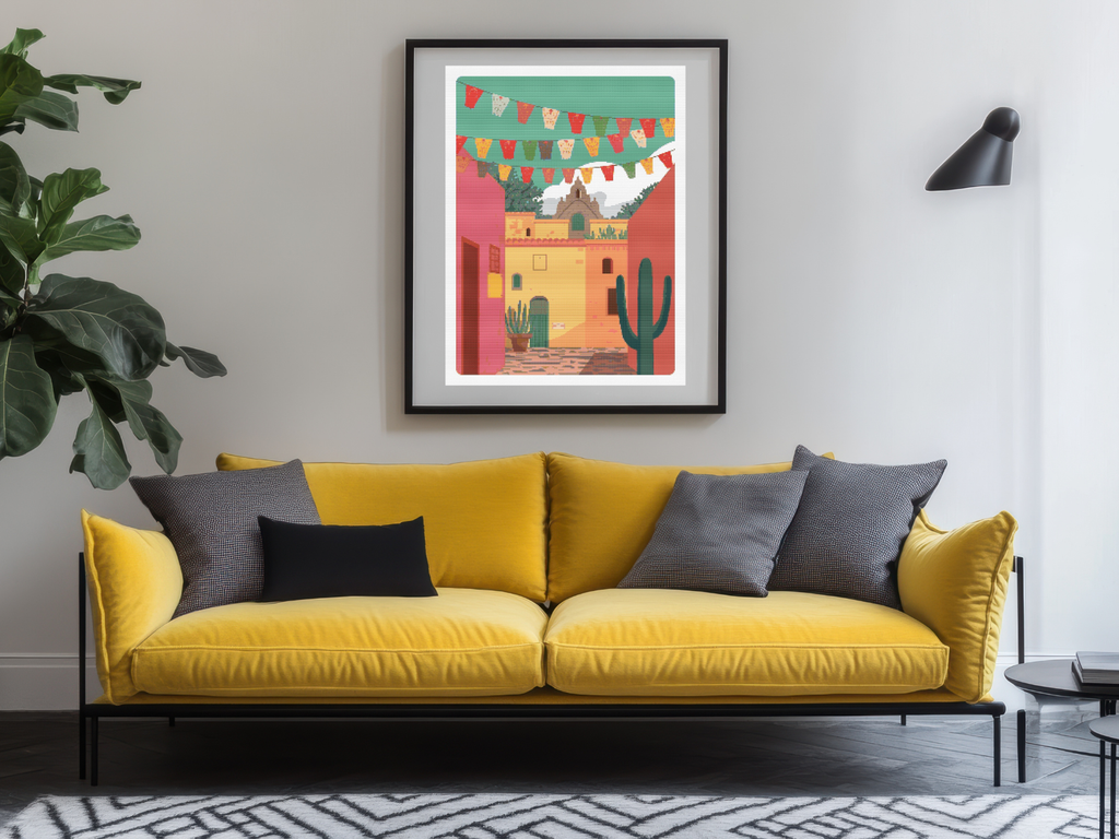 Mexican Courtyard Charm | Cross-Stitch Pattern (PDF) | Sunlit Pueblo Scene with Papel Picado, Terracotta Walls & Cacti | 225 × 300 Stitches | DMC & Anchor Floss Key