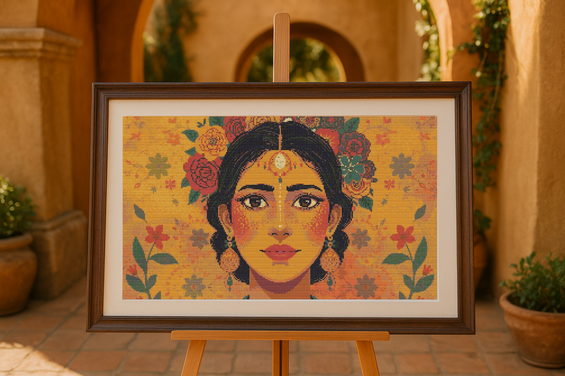 Mexican Blossom | Cross-Stitch Pattern (PDF) | Vibrant Portrait of Mexican Beauty with Floral Elegance – Inspired by the Colors & Culture of Mexico (280 × 210 Stitches) | with DMC & Anchor Floss Key