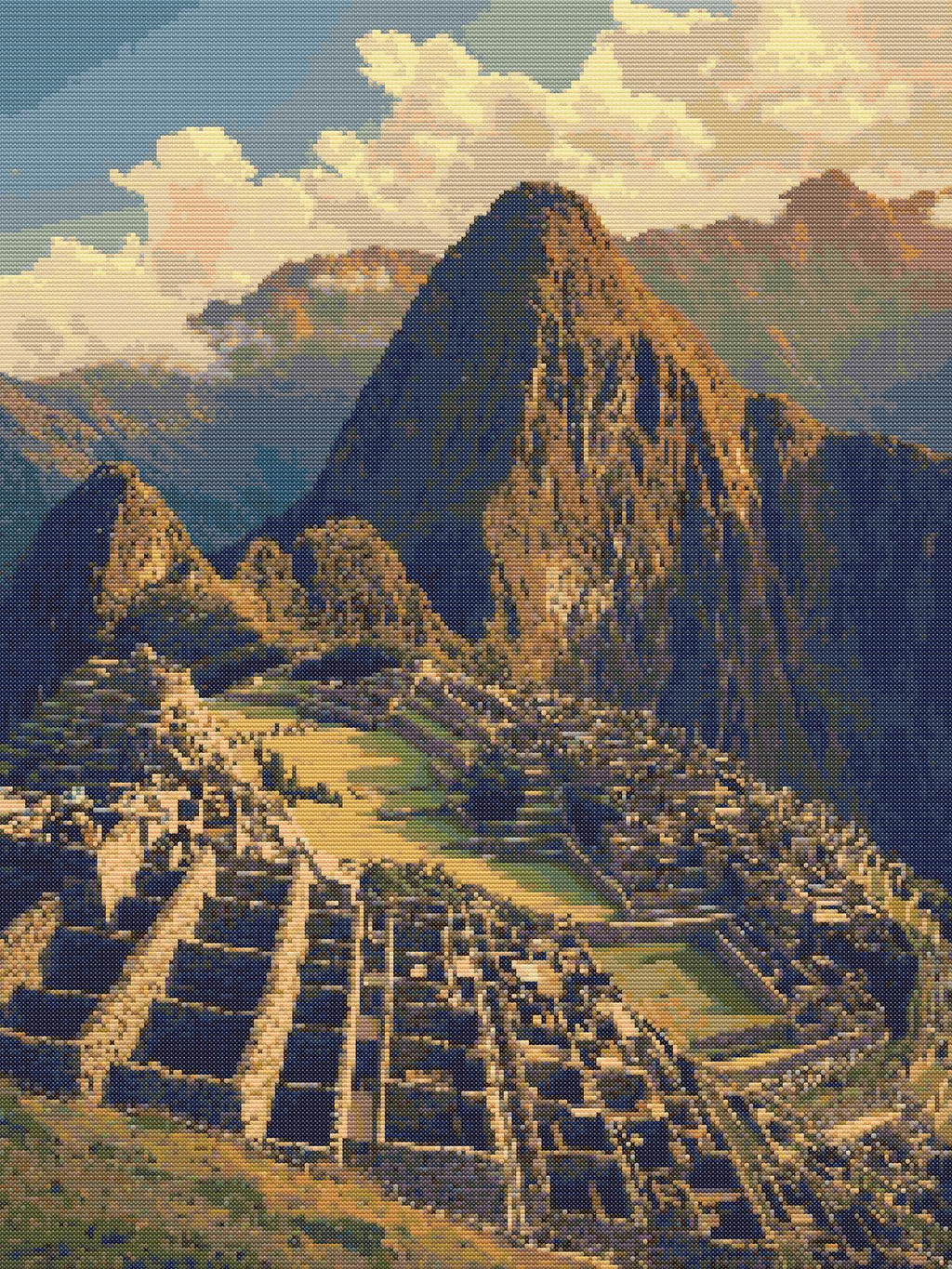 Mystic Heights of Machu Picchu | Cross-Stitch Pattern (PDF) | Majestic Sunrise Over Ancient Incan Citadel – Andes Mountain Landscape Embroidery (225 × 300 Stitches) | DMC & Anchor Floss Key