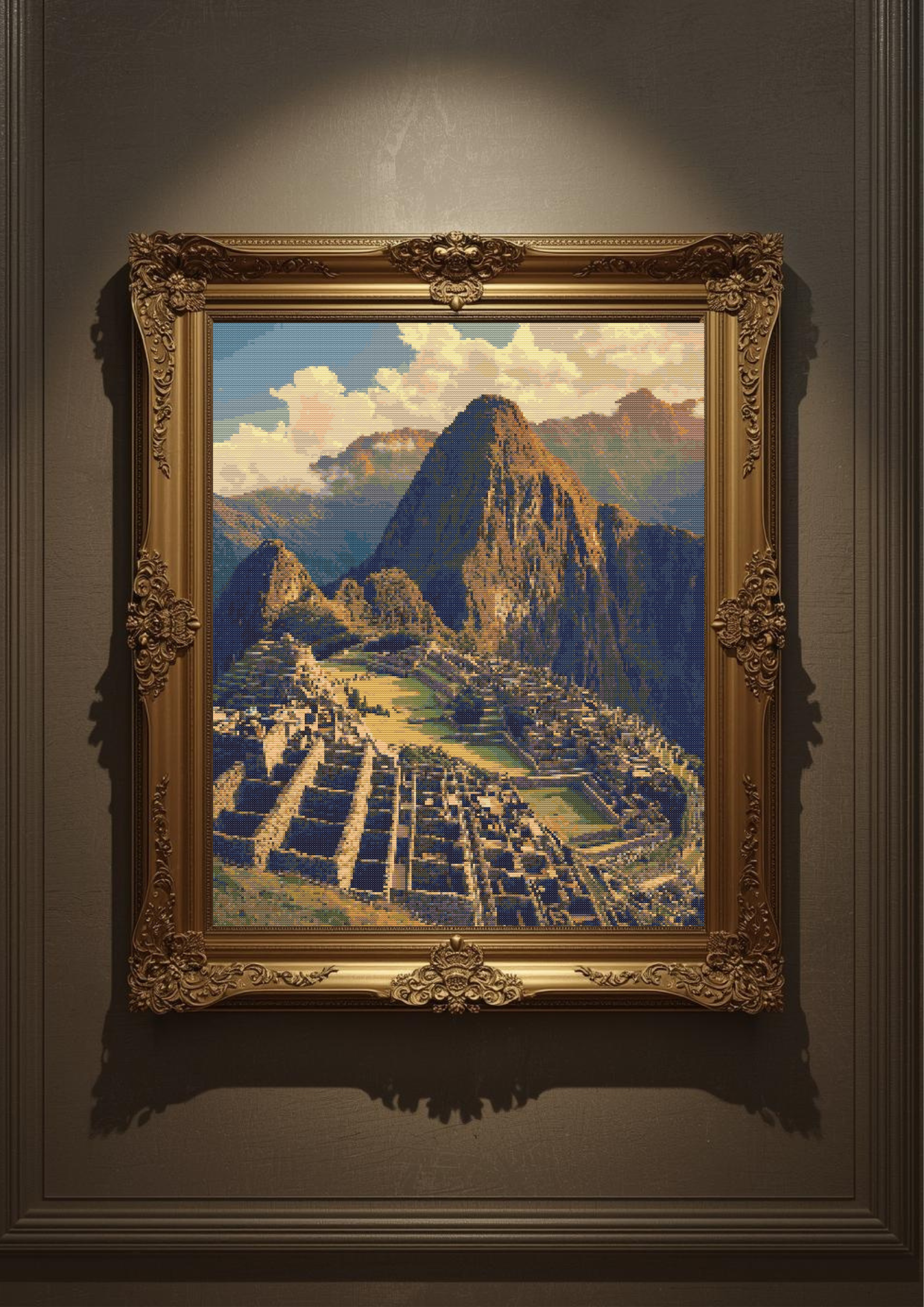 Mystic Heights of Machu Picchu | Cross-Stitch Pattern (PDF) | Majestic Sunrise Over Ancient Incan Citadel – Andes Mountain Landscape Embroidery (225 × 300 Stitches) | DMC & Anchor Floss Key